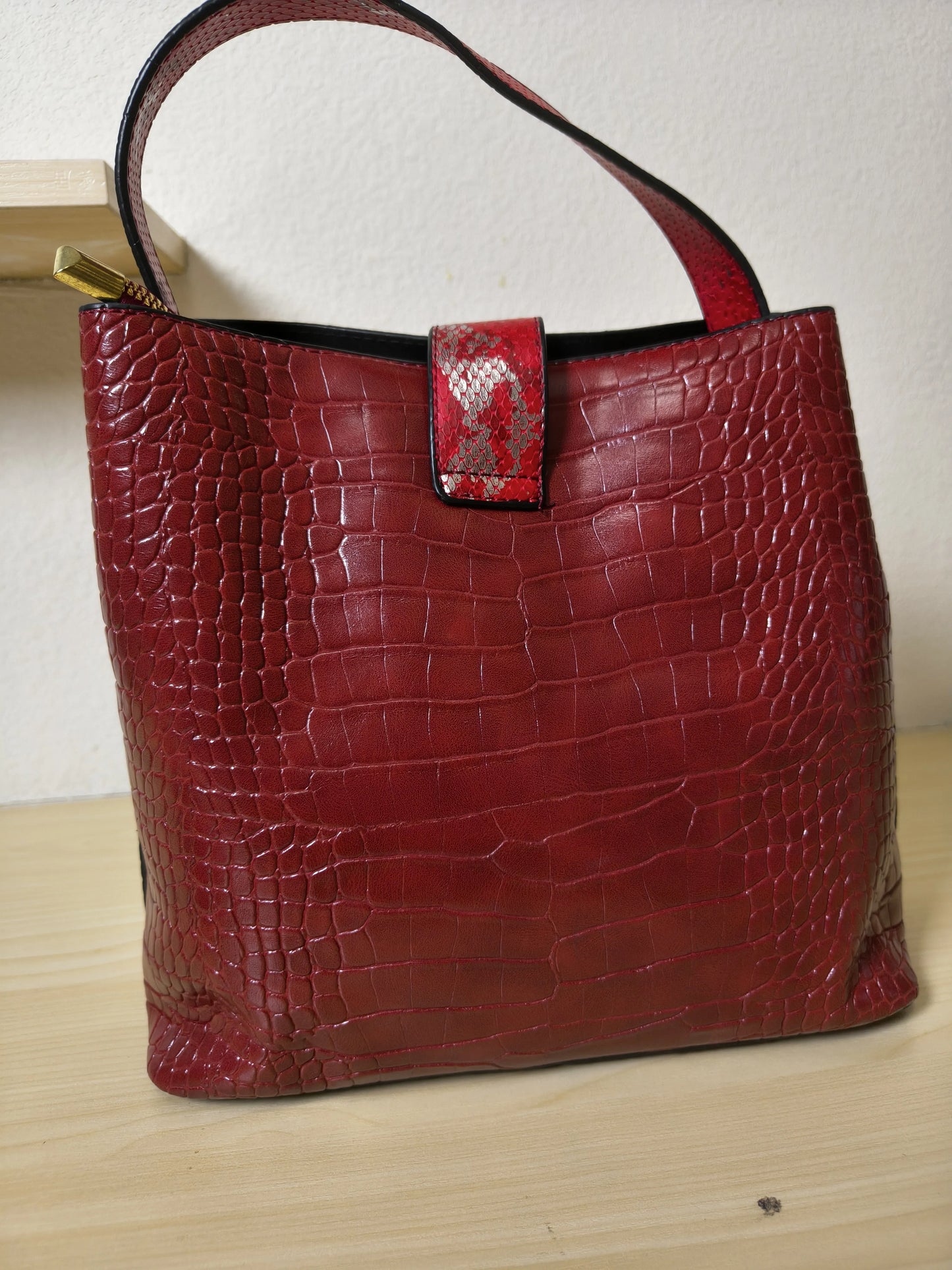 Burgundy Crocodile & Python Print 3-Piece Bucket Bag Set (E73)