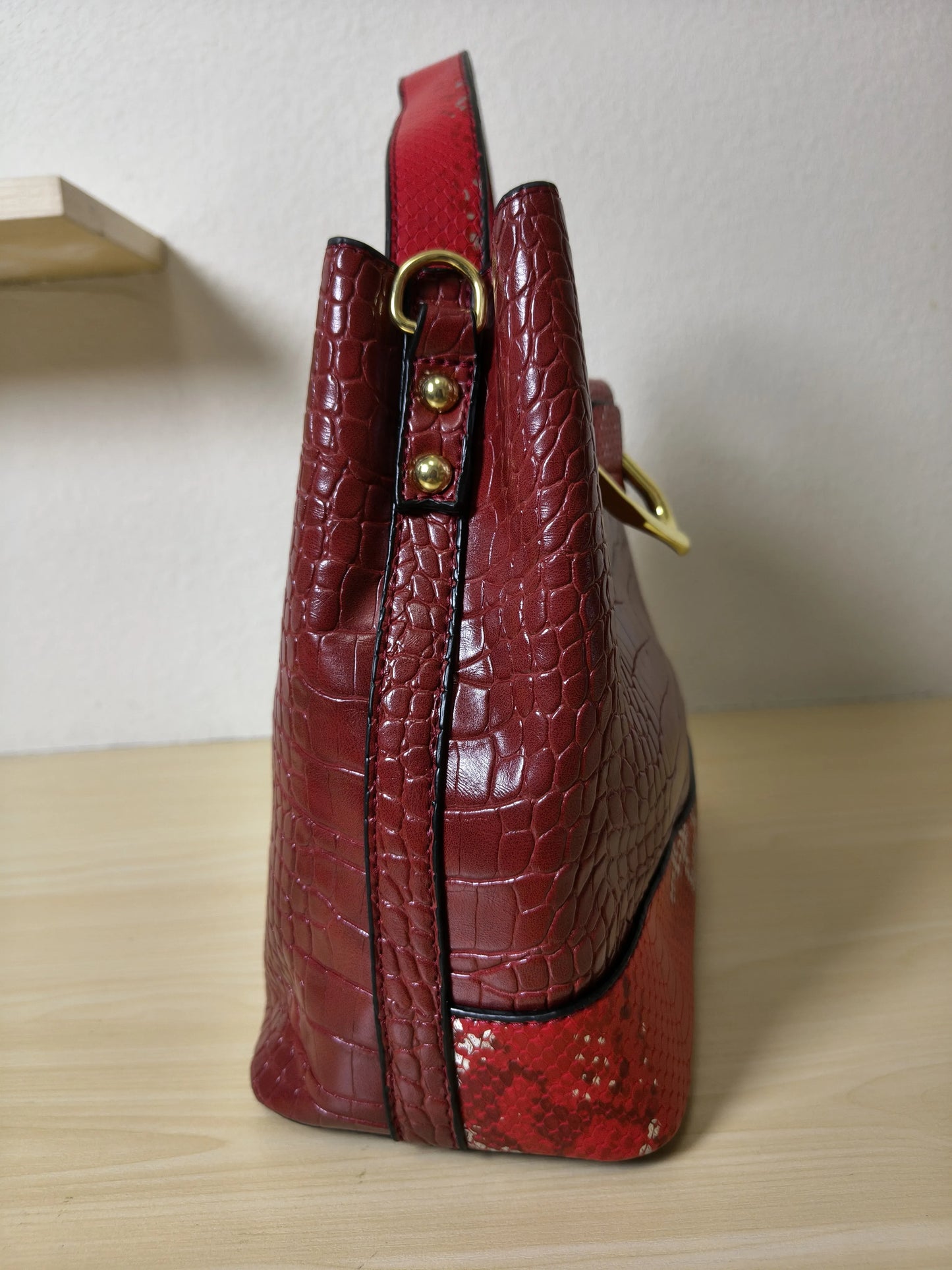 Burgundy Crocodile & Python Print 3-Piece Bucket Bag Set (E73)