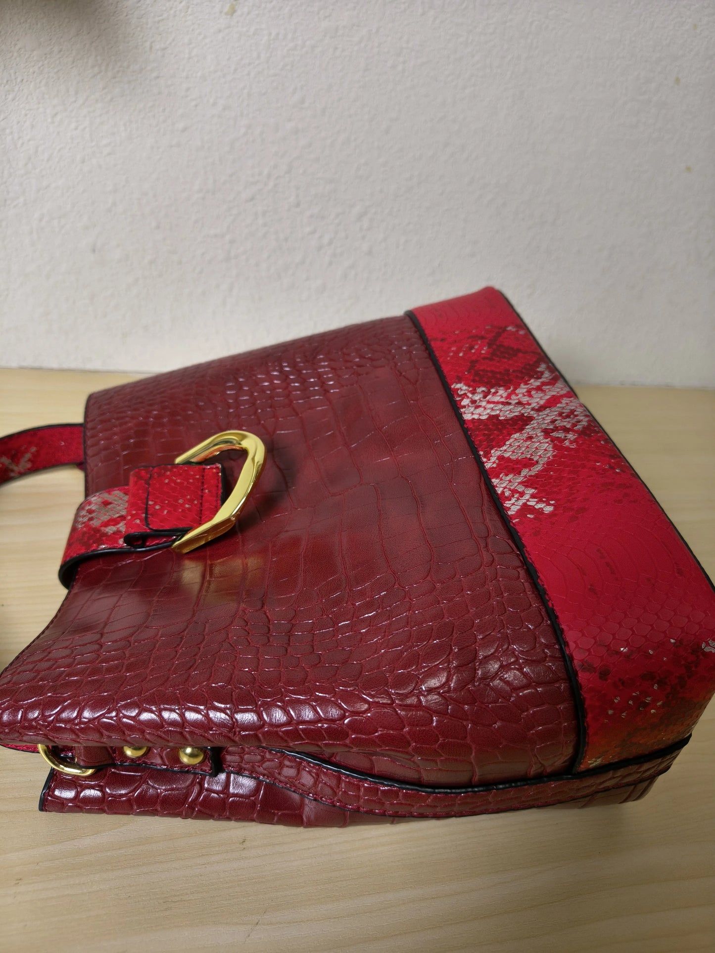 Burgundy Crocodile & Python Print 3-Piece Bucket Bag Set (E73)