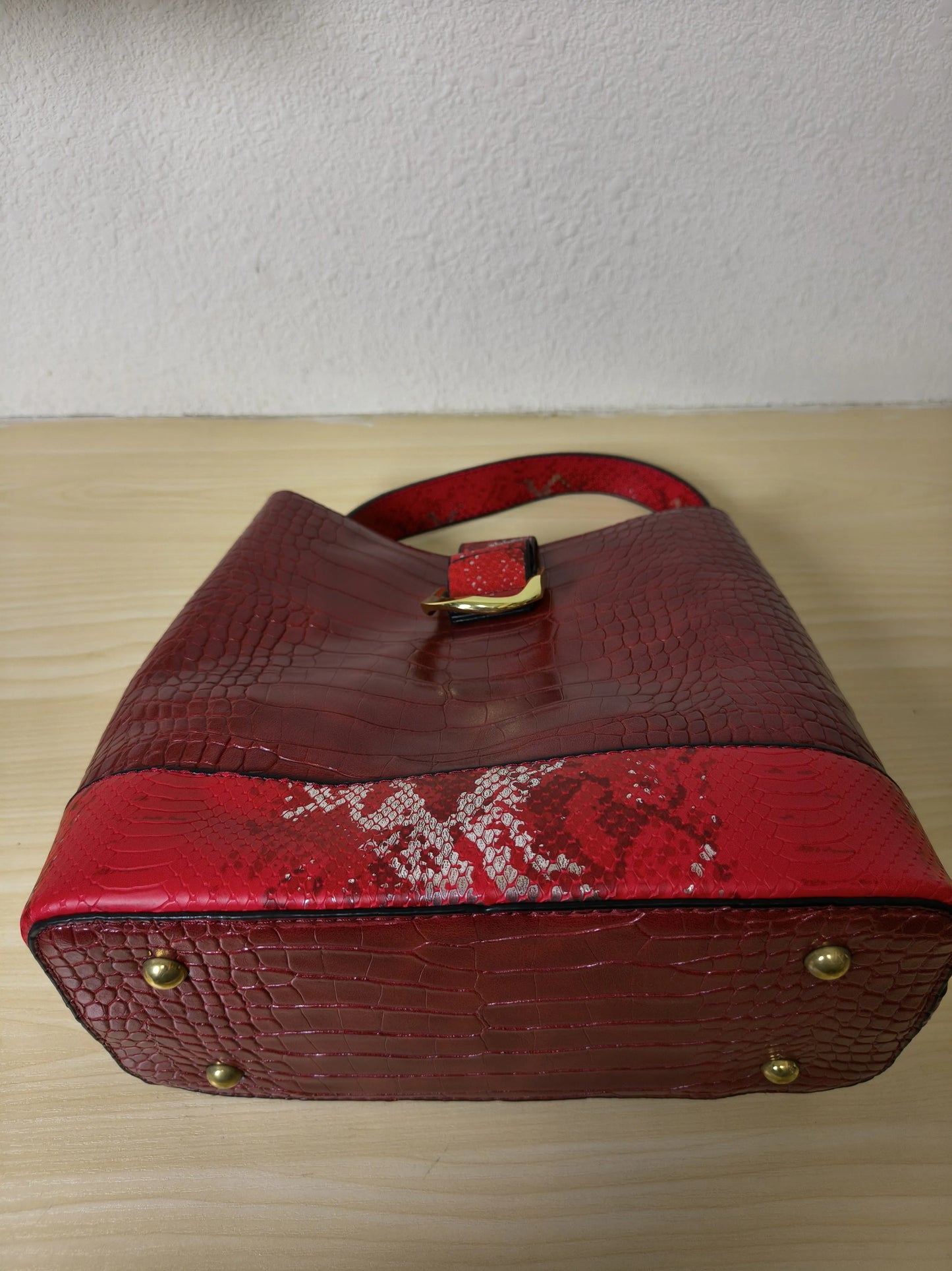 Burgundy Crocodile & Python Print 3-Piece Bucket Bag Set (E73)