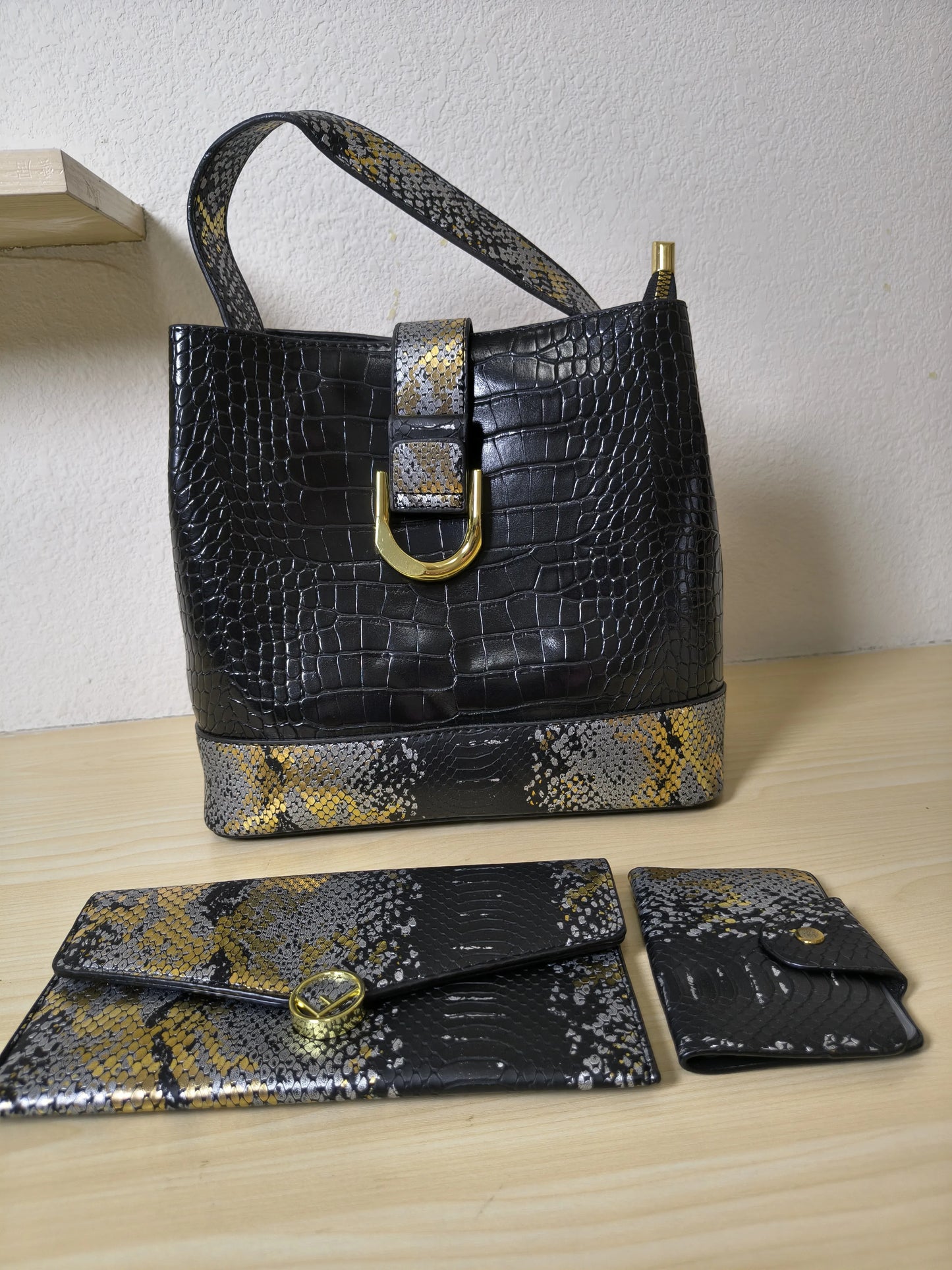 Black Crocodile & Python Print 3-Piece Bucket Bag Set (E74)
