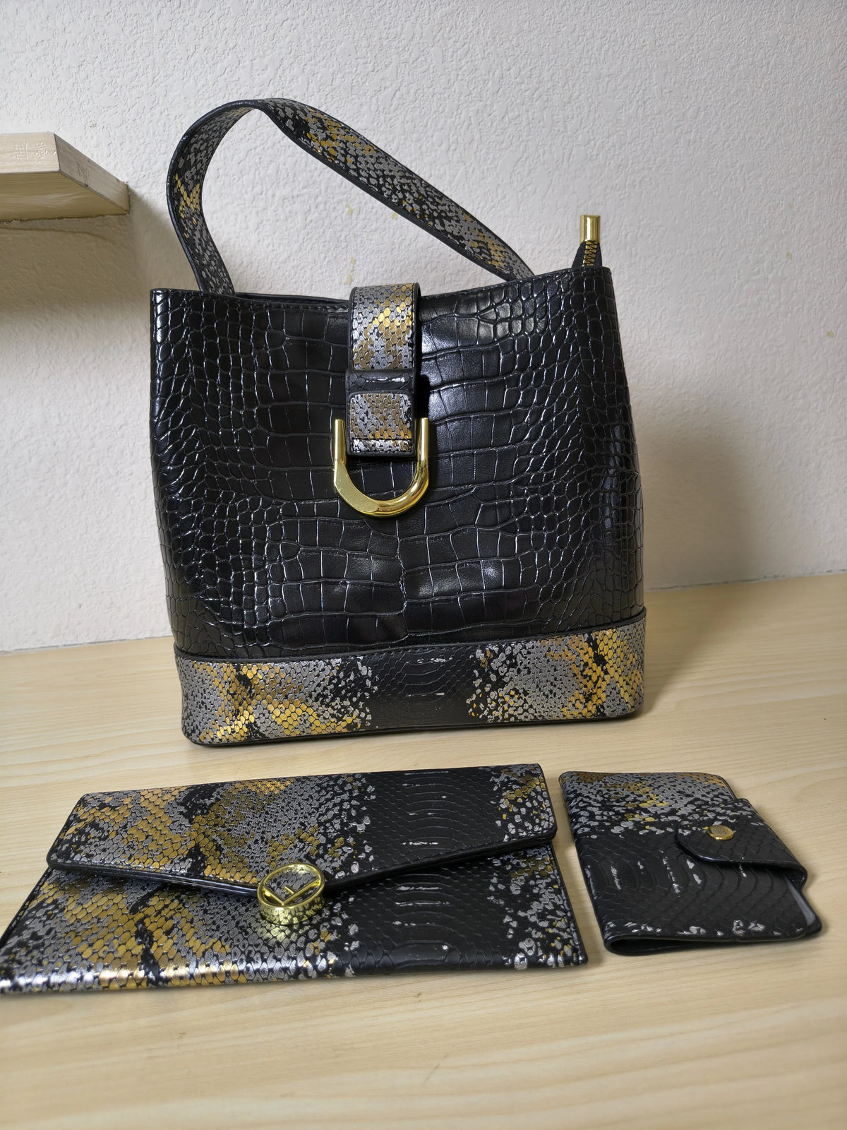 Black Crocodile & Python Print 3-Piece Bucket Bag Set (E74 