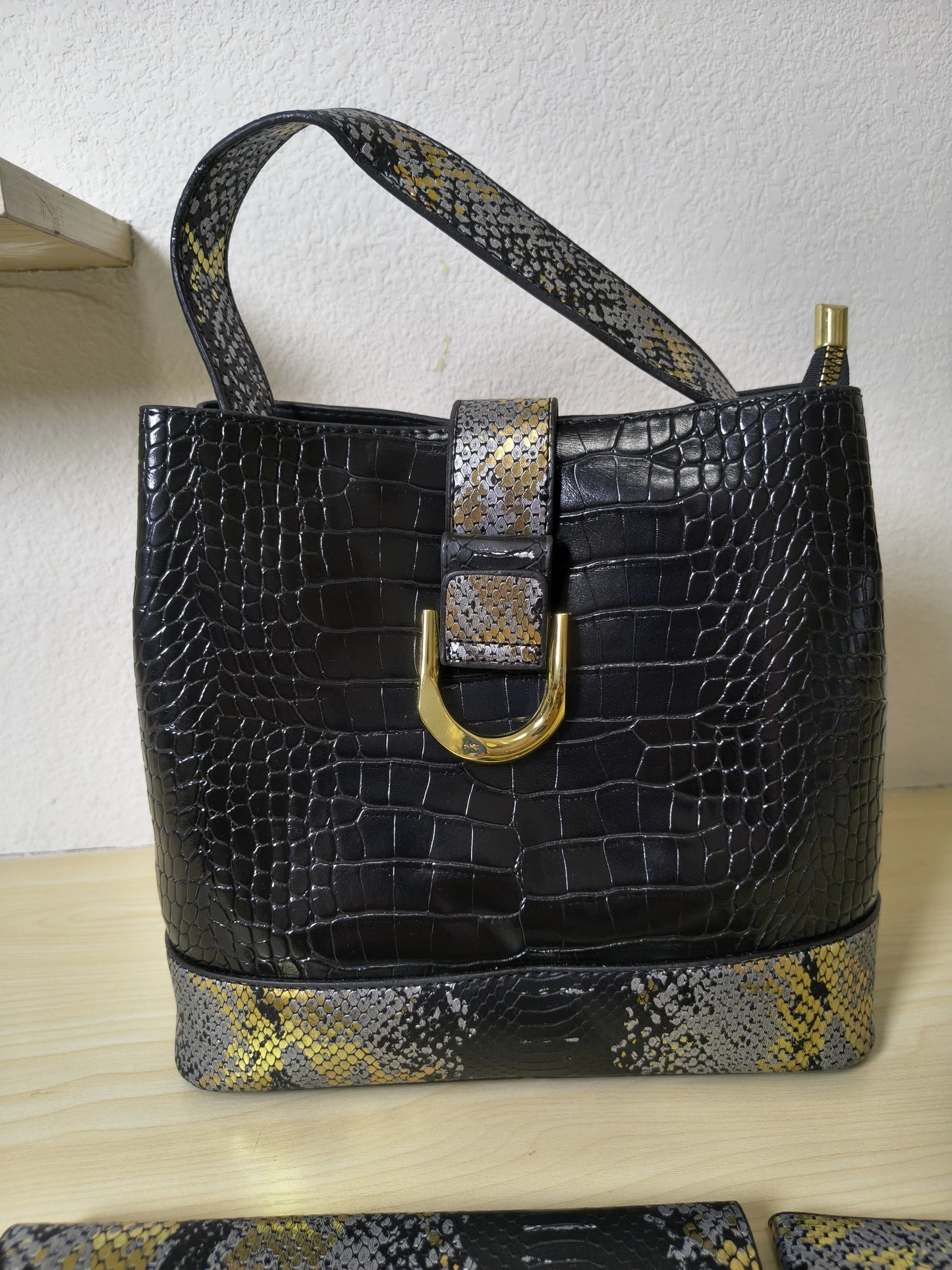 Black Crocodile & Python Print 3-Piece Bucket Bag Set (E74)
