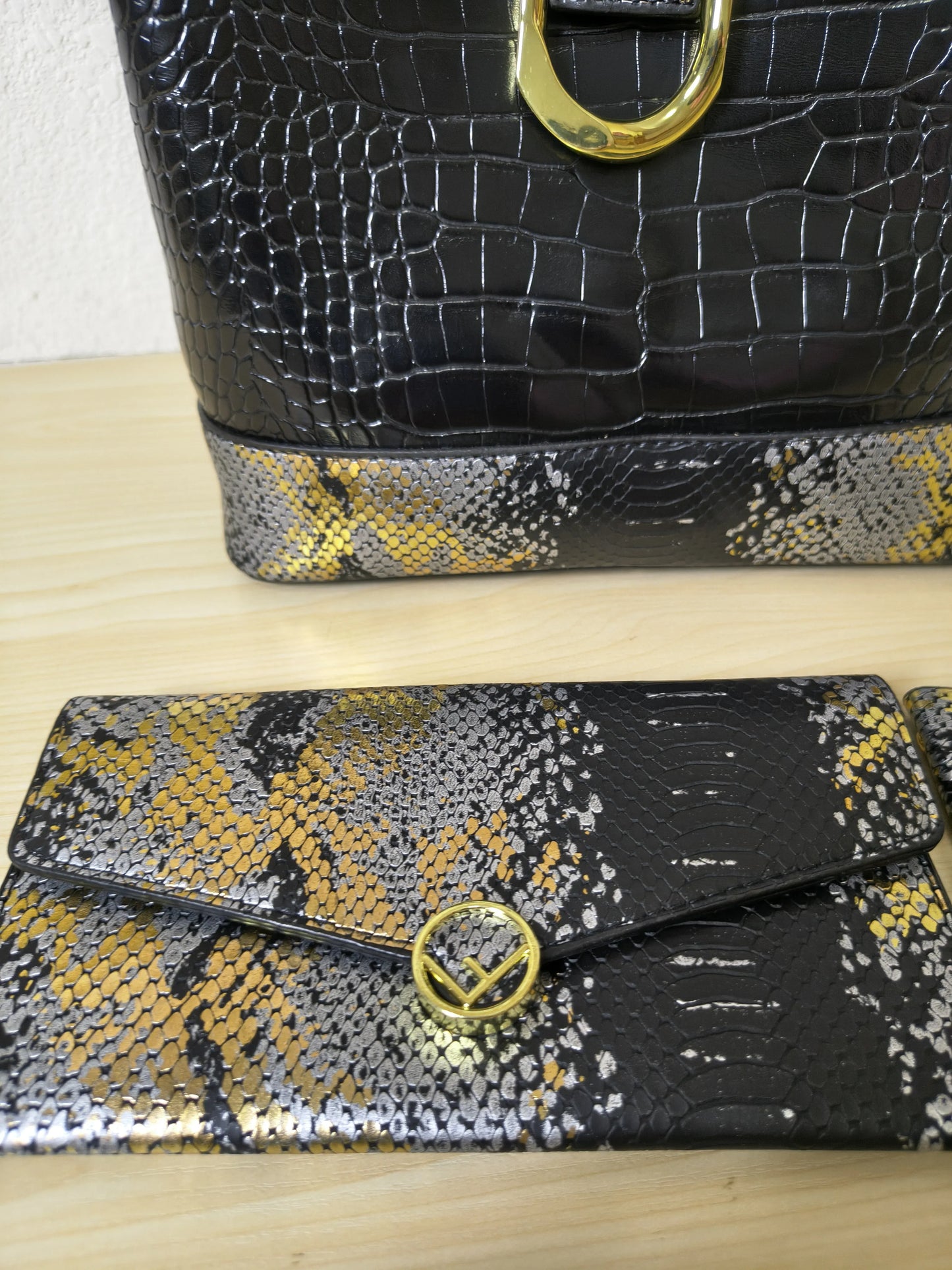 Black Crocodile & Python Print 3-Piece Bucket Bag Set (E74)
