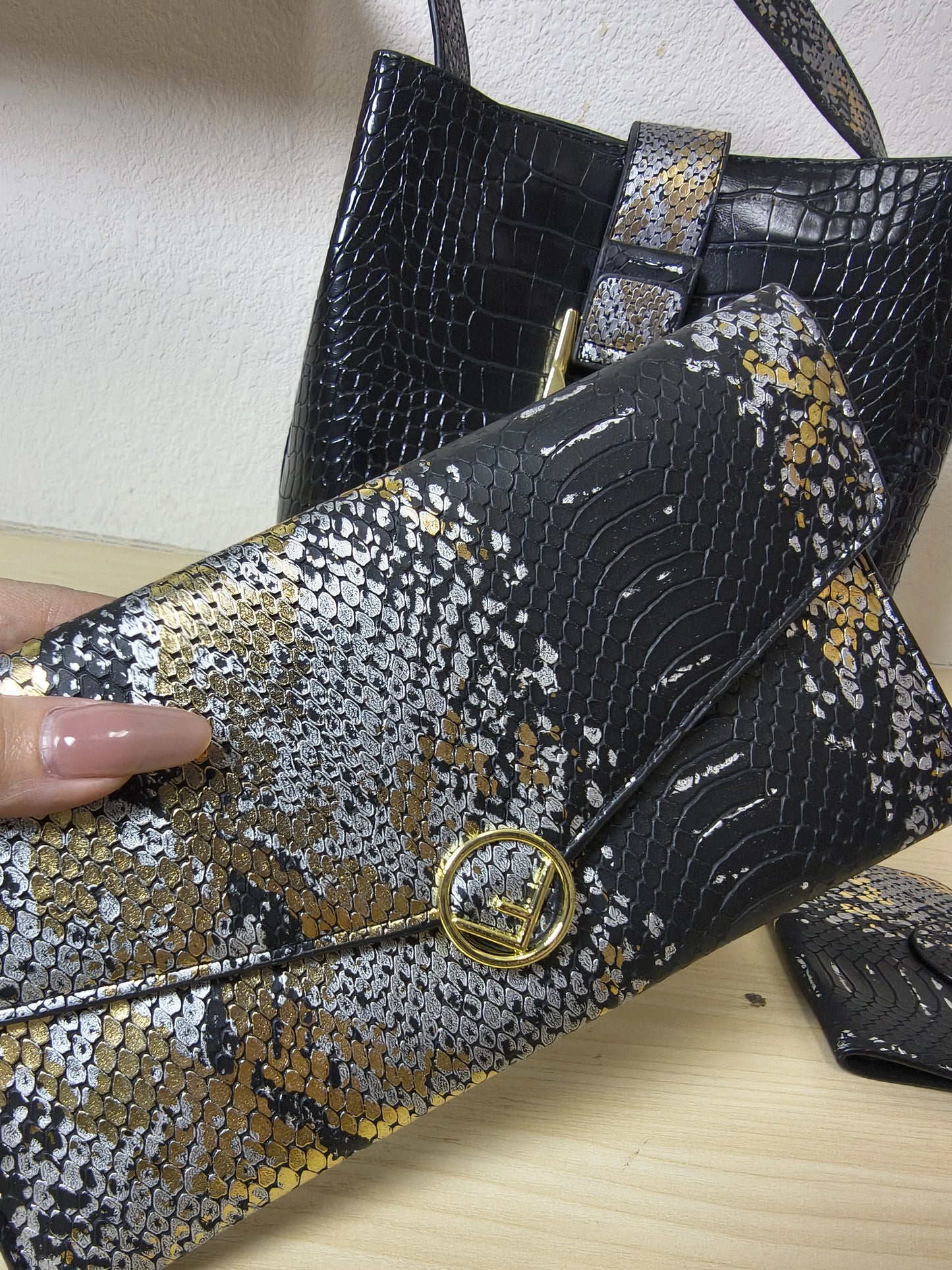 Black Crocodile & Python Print 3-Piece Bucket Bag Set (E74)