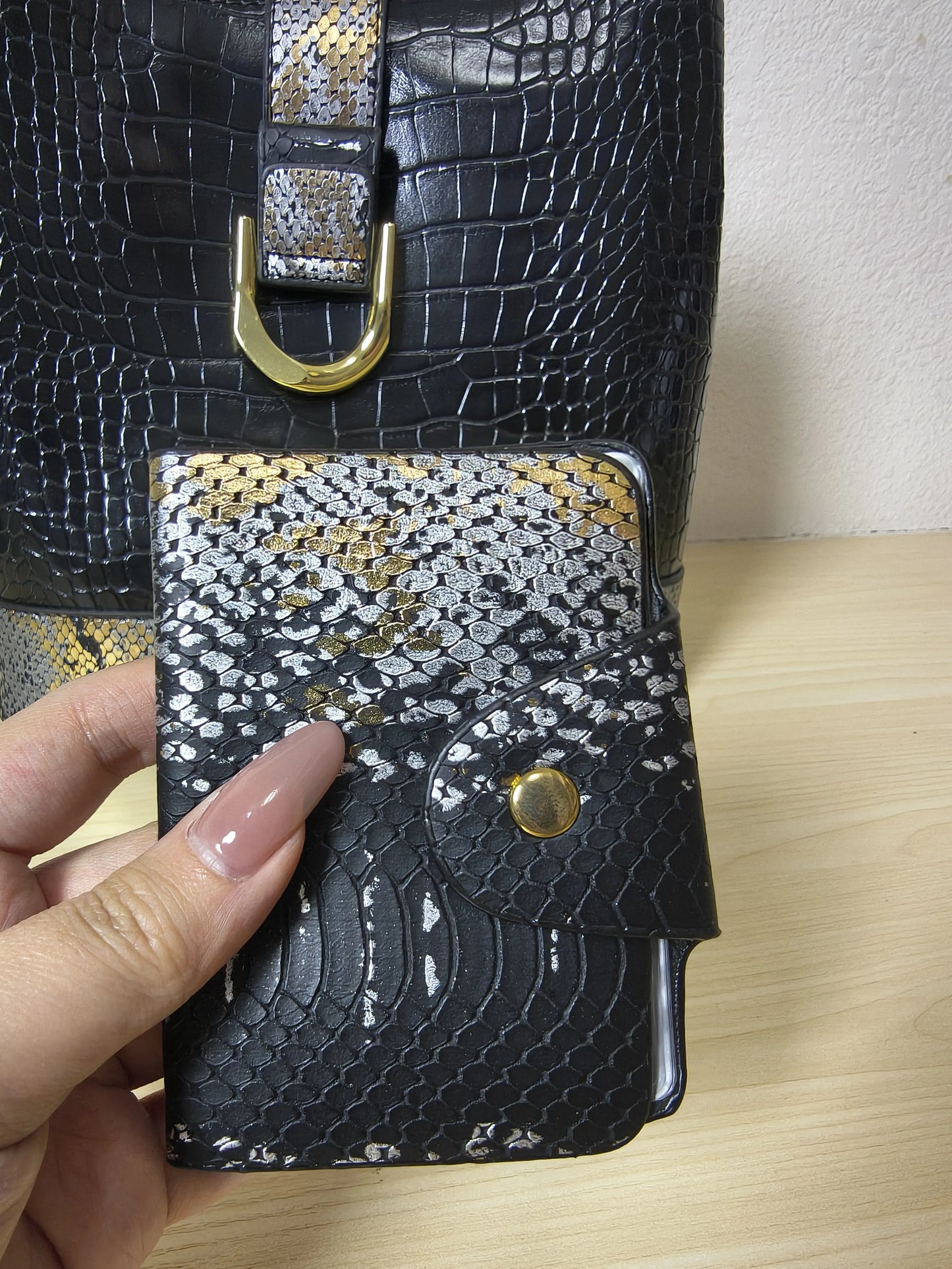 Black Crocodile & Python Print 3-Piece Bucket Bag Set (E74)