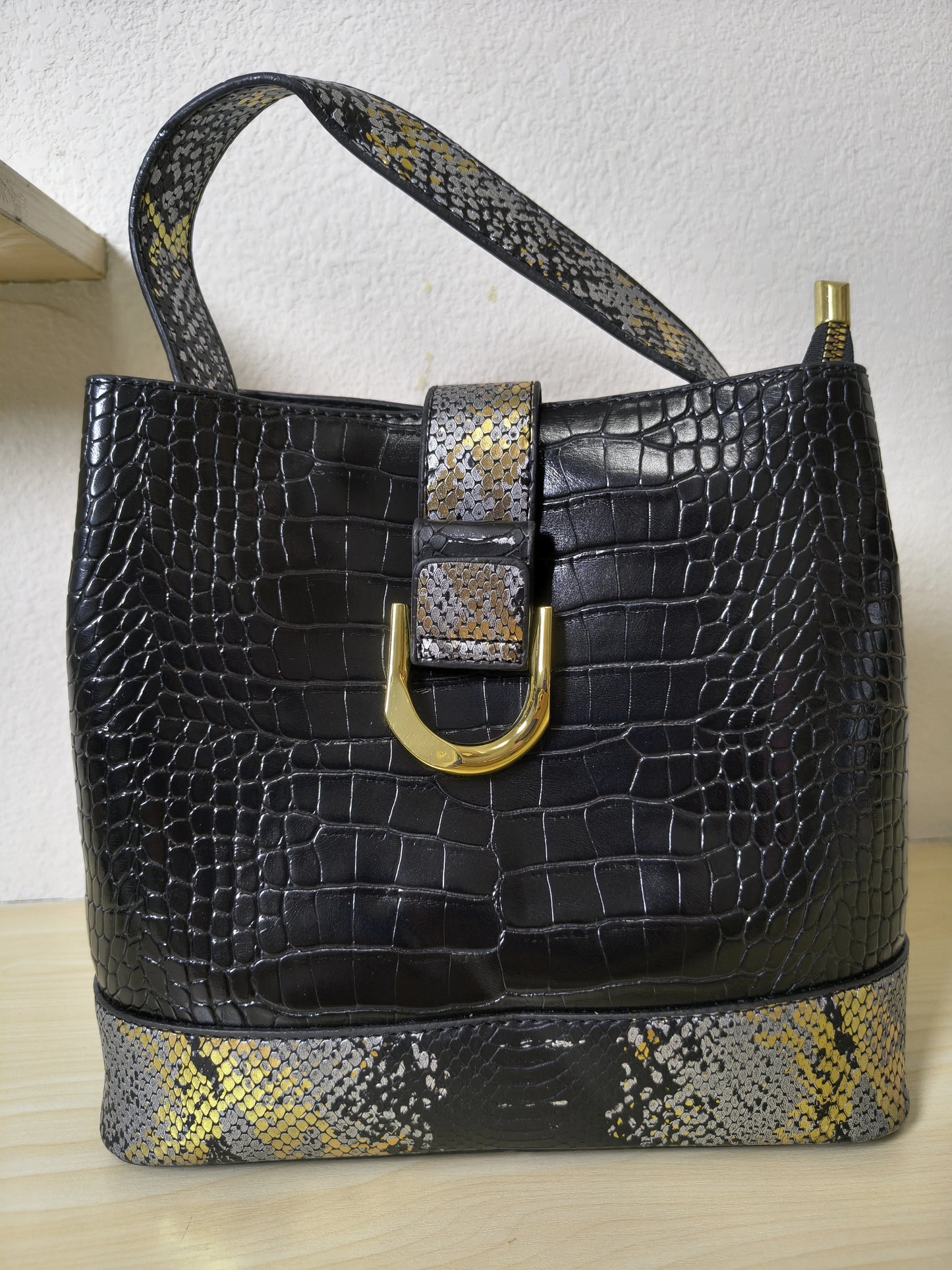 Black Crocodile & Python Print 3-Piece Bucket Bag Set (E74)