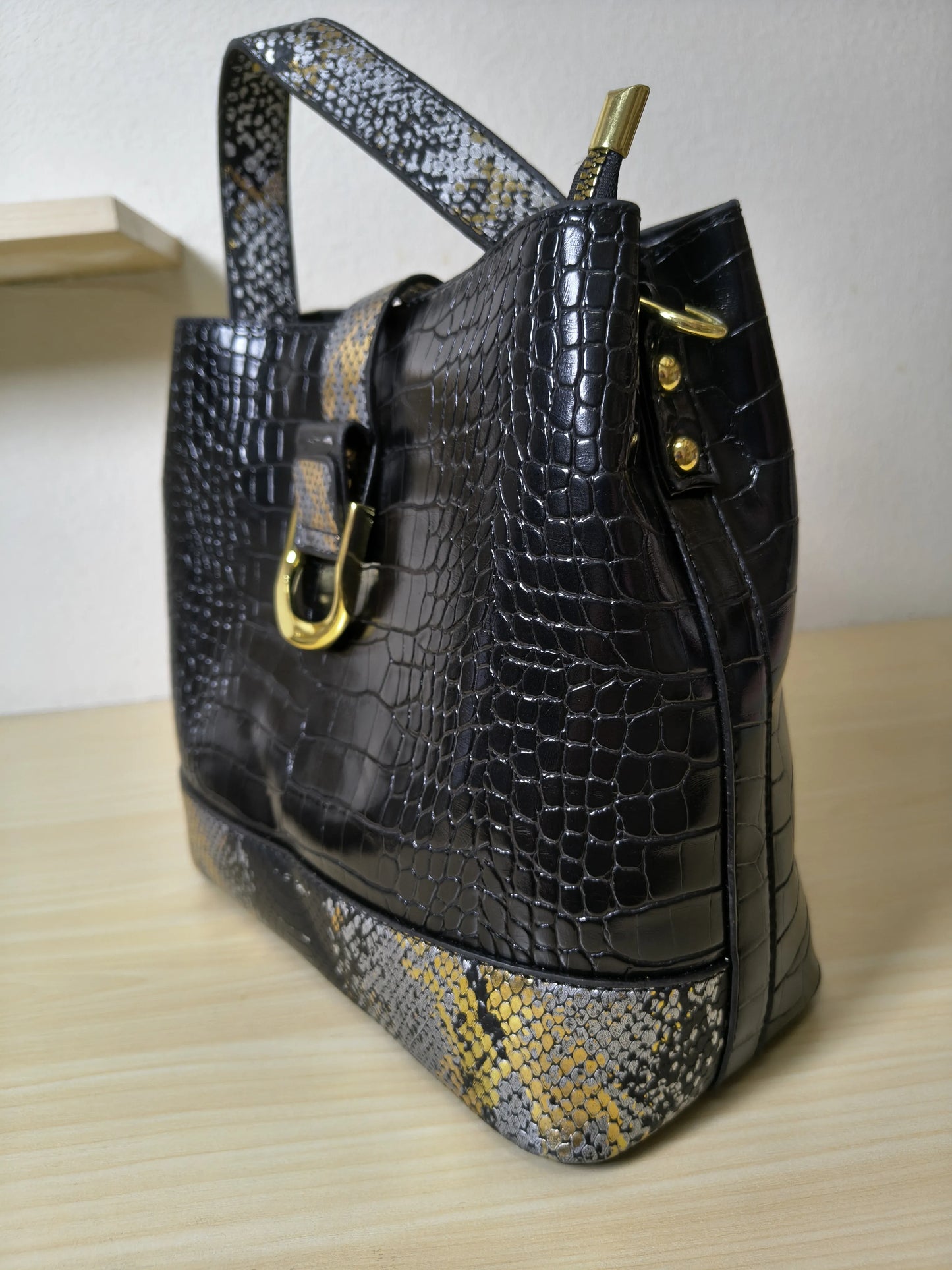 Black Crocodile & Python Print 3-Piece Bucket Bag Set (E74)