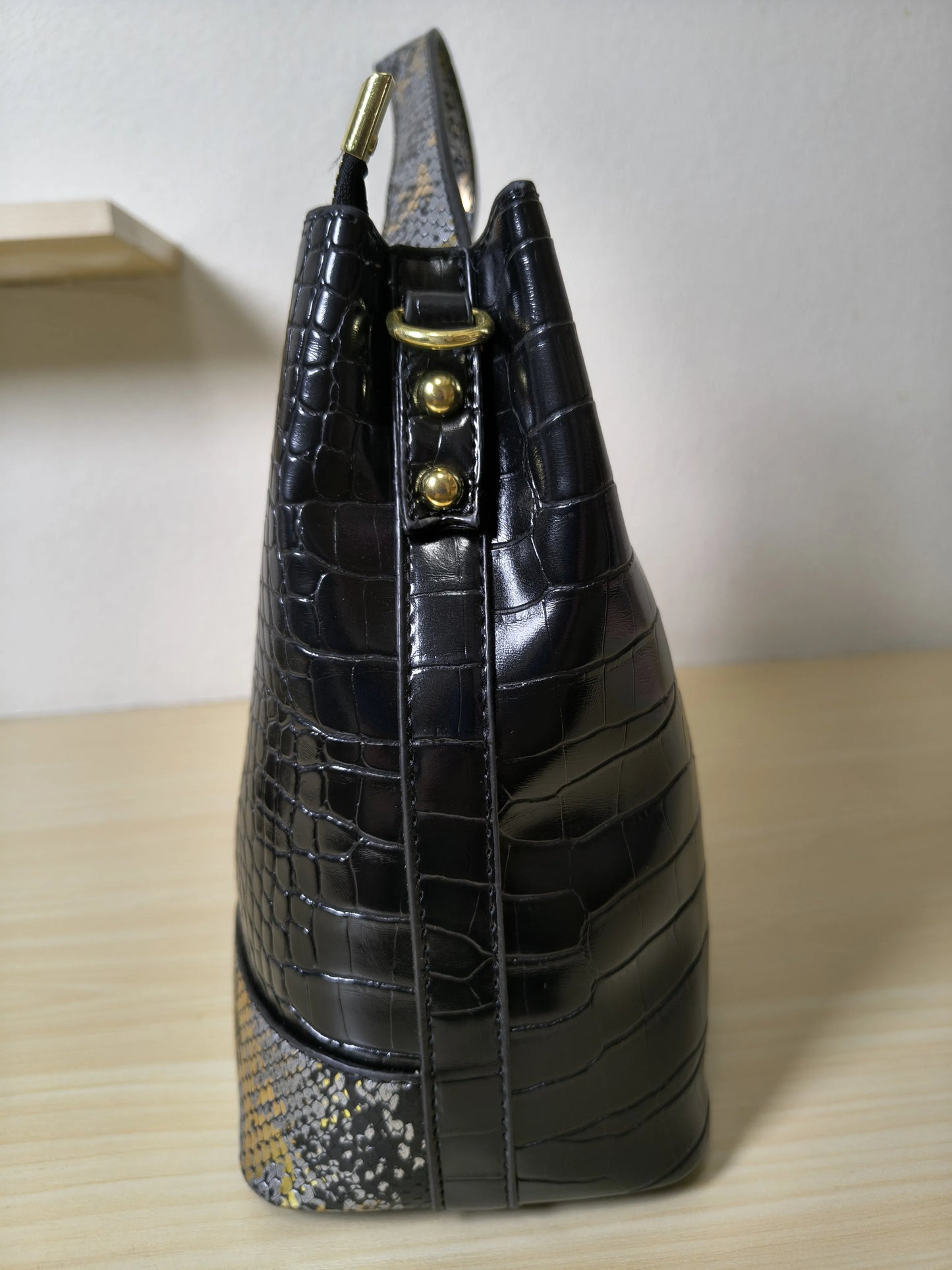 Black Crocodile & Python Print 3-Piece Bucket Bag Set (E74)