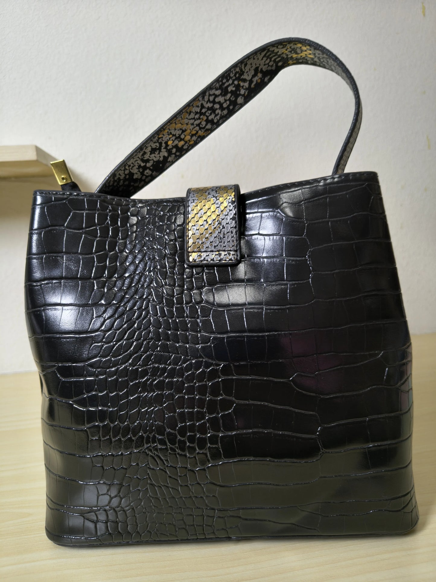 Black Crocodile & Python Print 3-Piece Bucket Bag Set (E74)
