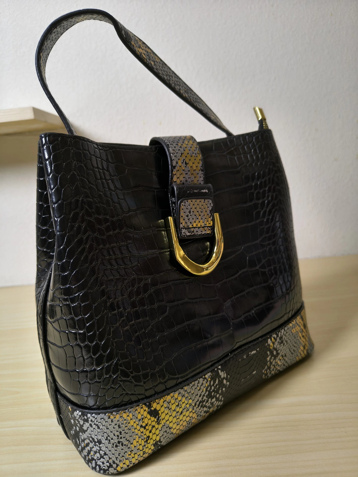 Black Crocodile & Python Print 3-Piece Bucket Bag Set (E74)