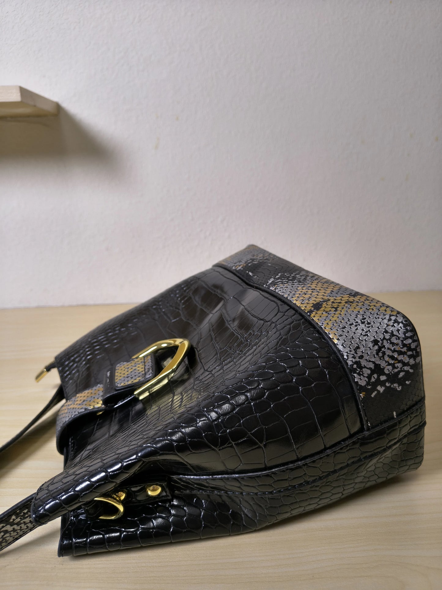 Black Crocodile & Python Print 3-Piece Bucket Bag Set (E74)