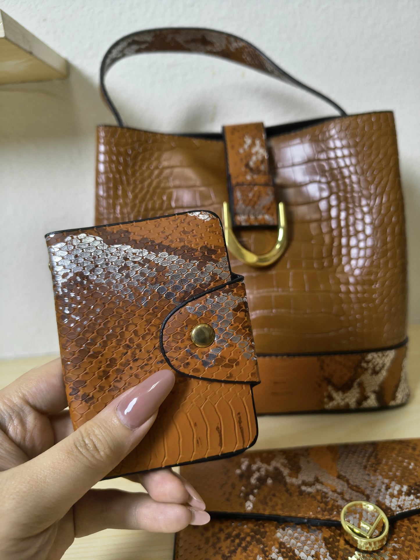 Caramel Brown Crocodile & Python Print 3-Piece Bucket Bag Set (E75)