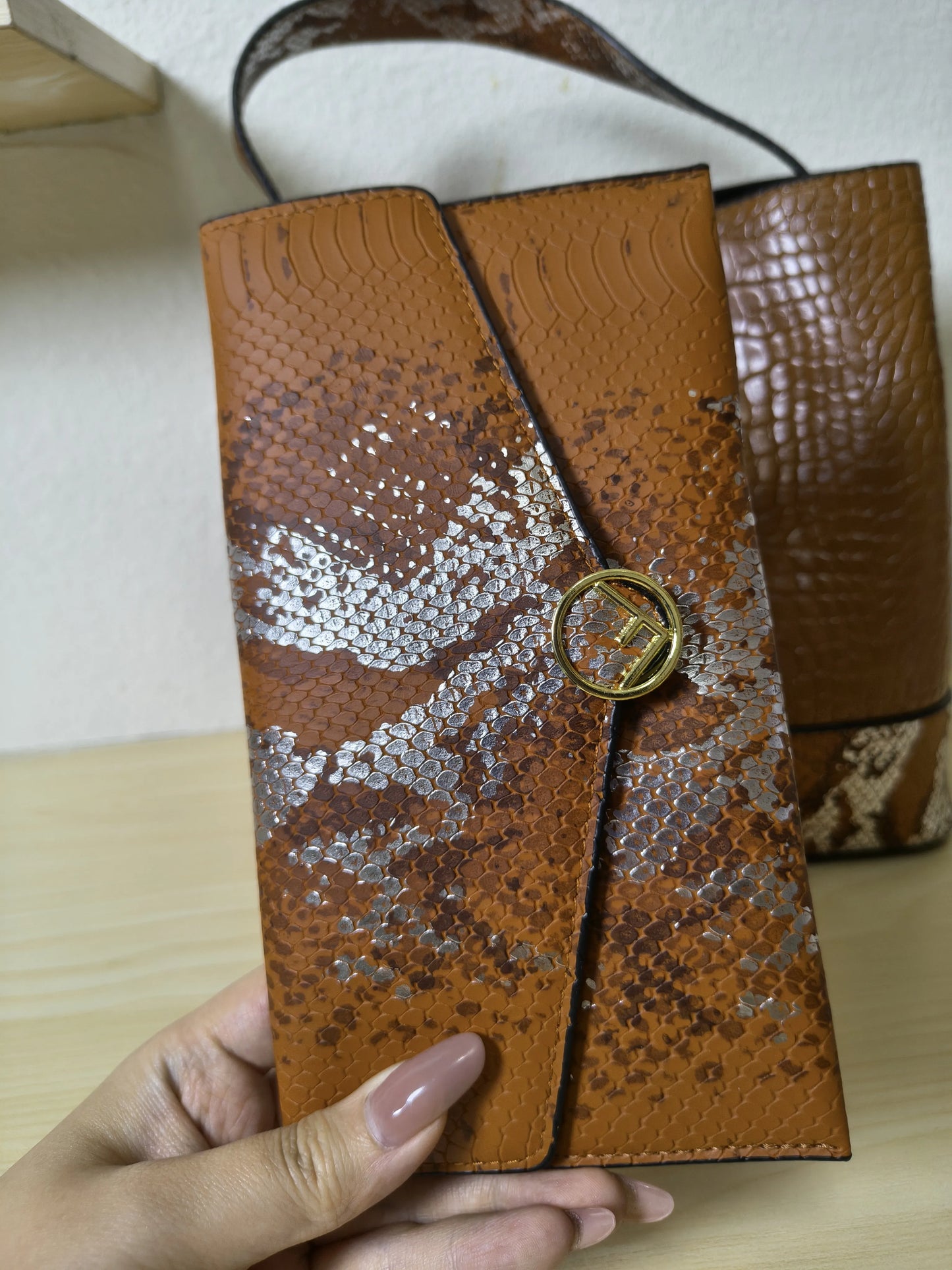 Caramel Brown Crocodile & Python Print 3-Piece Bucket Bag Set (E75)