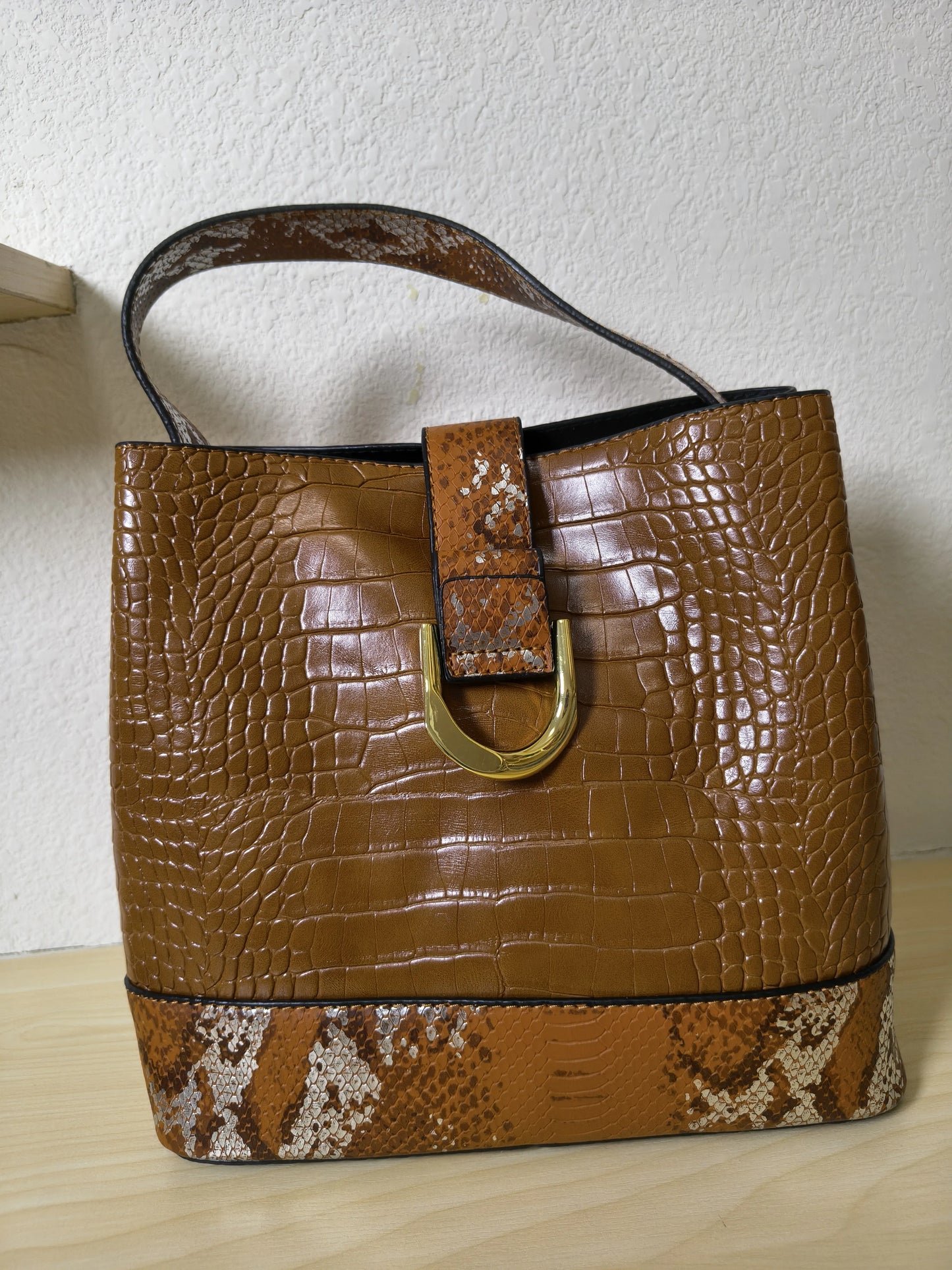 Caramel Brown Crocodile & Python Print 3-Piece Bucket Bag Set (E75)