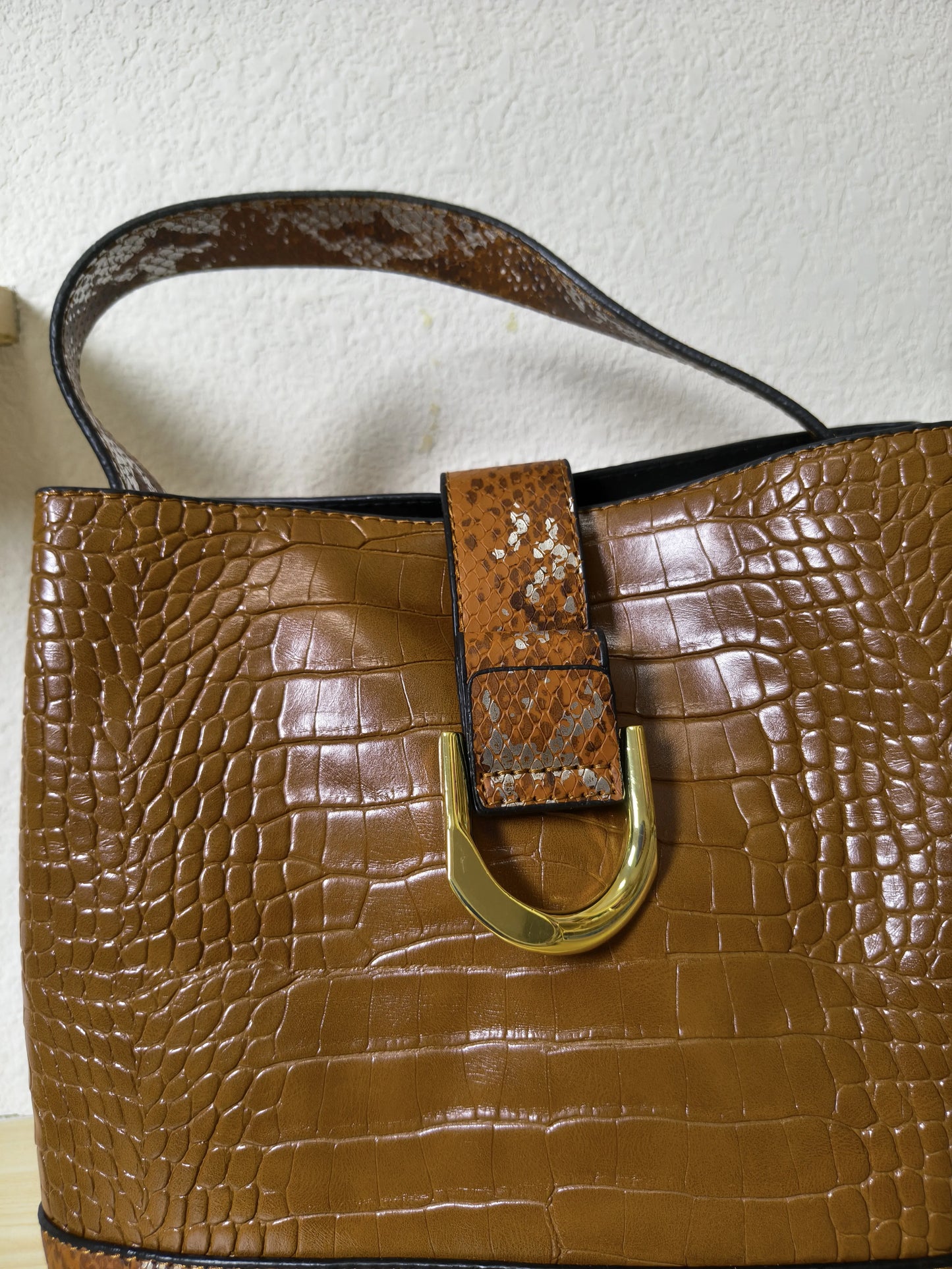 Caramel Brown Crocodile & Python Print 3-Piece Bucket Bag Set (E75)