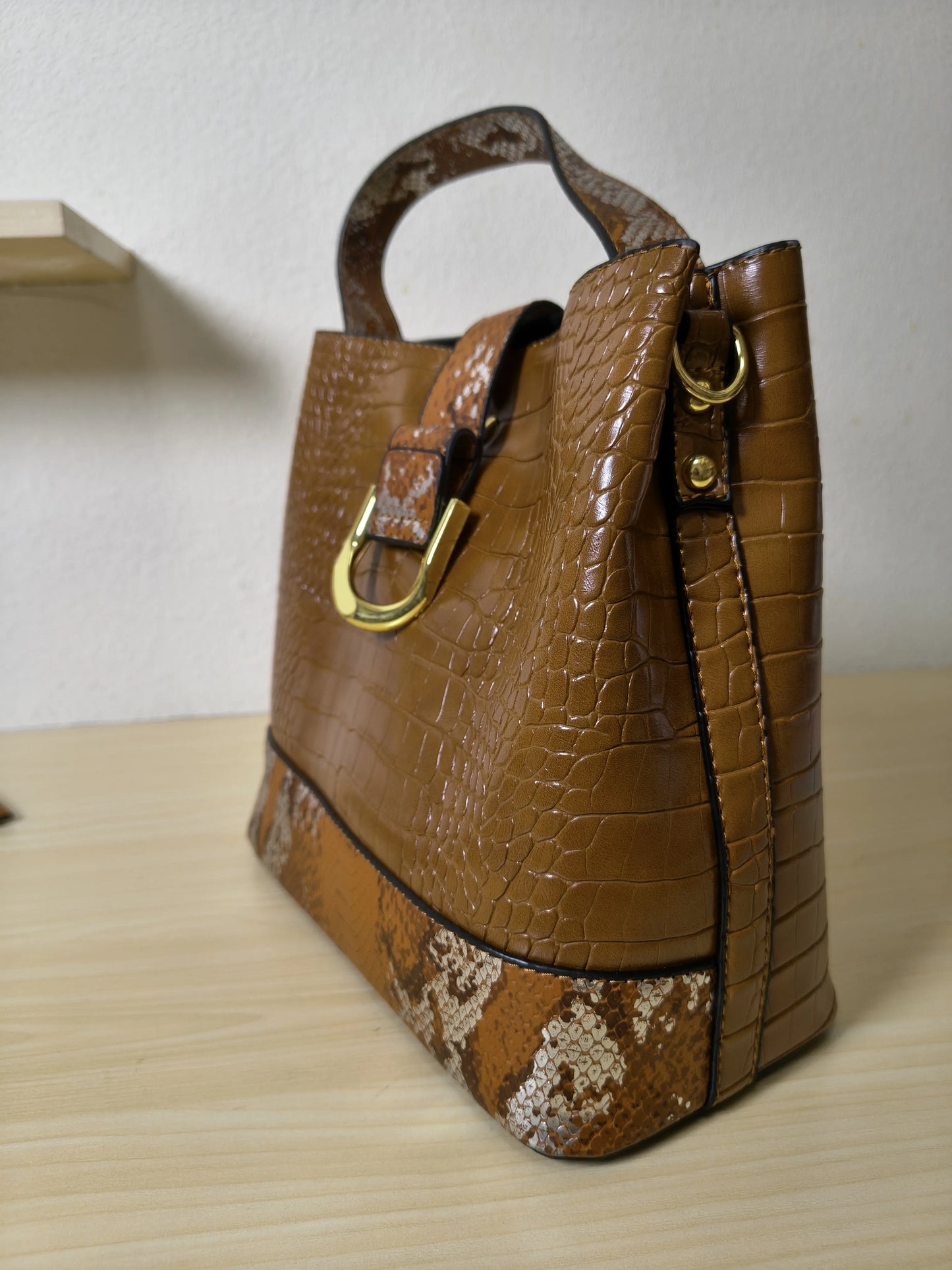 Caramel Brown Crocodile & Python Print 3-Piece Bucket Bag Set (E75)