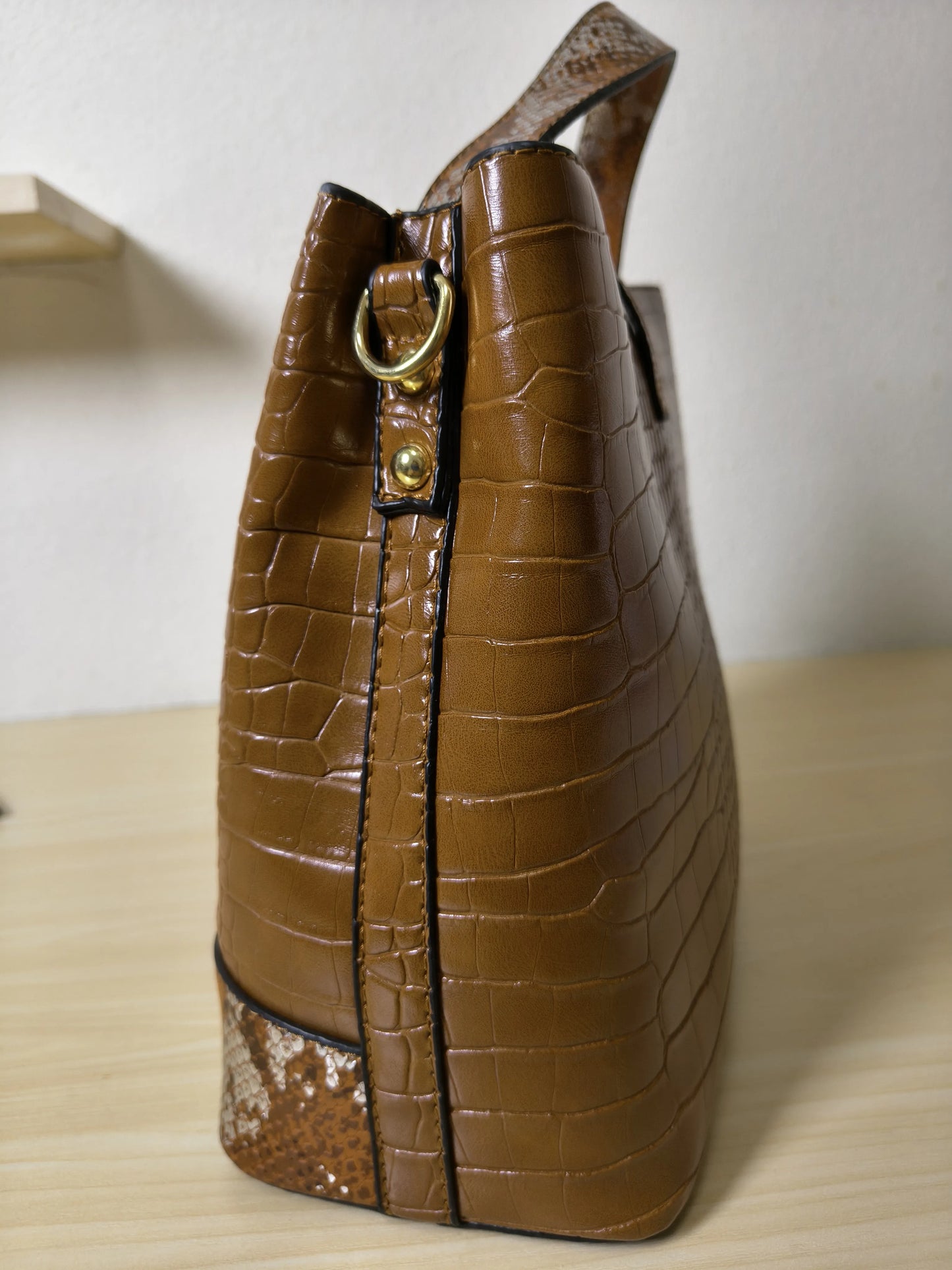Caramel Brown Crocodile & Python Print 3-Piece Bucket Bag Set (E75)