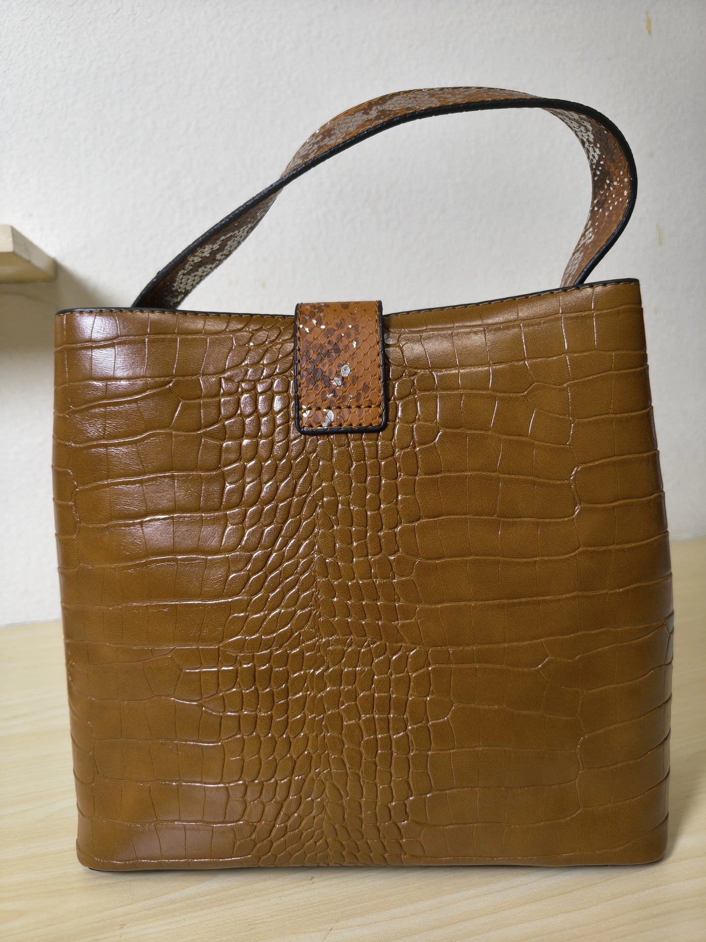 Caramel Brown Crocodile & Python Print 3-Piece Bucket Bag Set (E75)