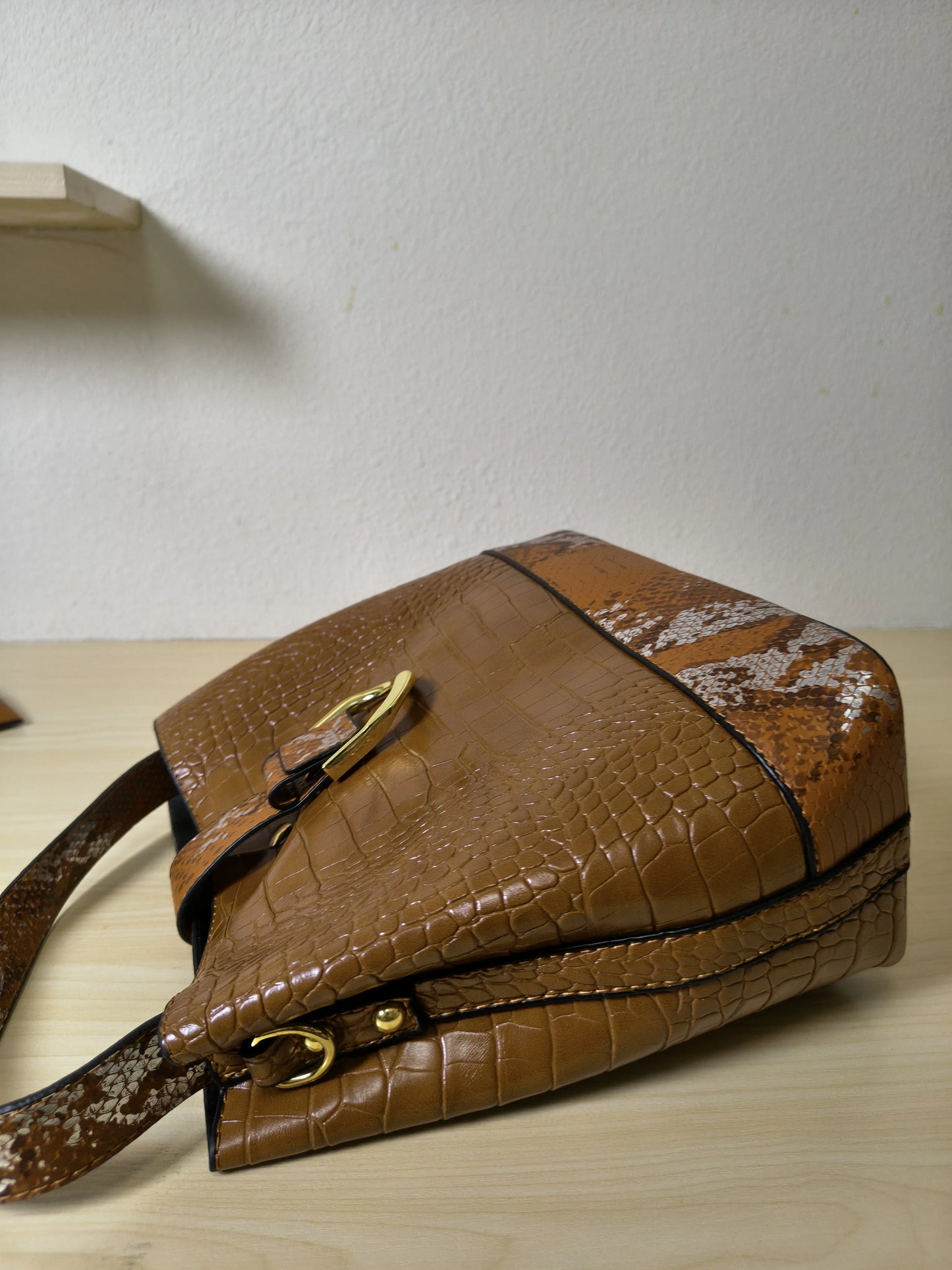 Caramel Brown Crocodile & Python Print 3-Piece Bucket Bag Set (E75)
