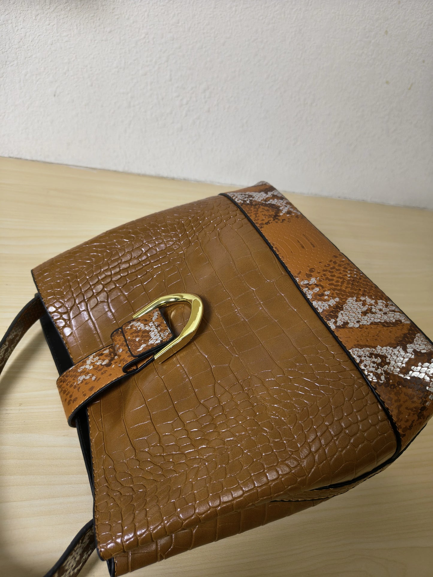 Caramel Brown Crocodile & Python Print 3-Piece Bucket Bag Set (E75)