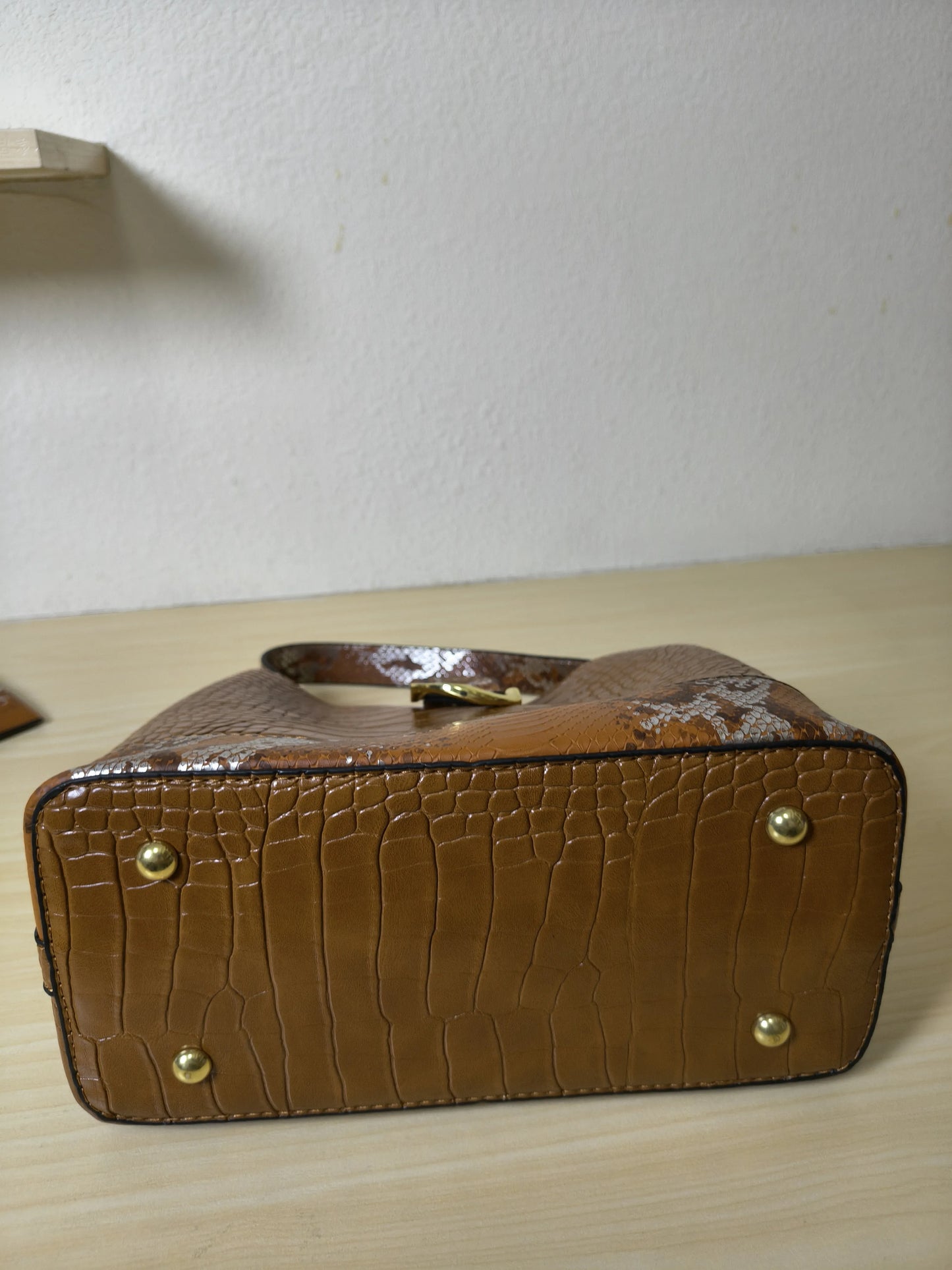 Caramel Brown Crocodile & Python Print 3-Piece Bucket Bag Set (E75)