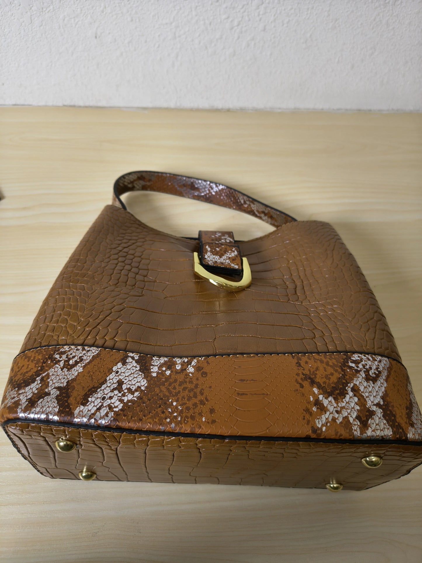 Caramel Brown Crocodile & Python Print 3-Piece Bucket Bag Set (E75)