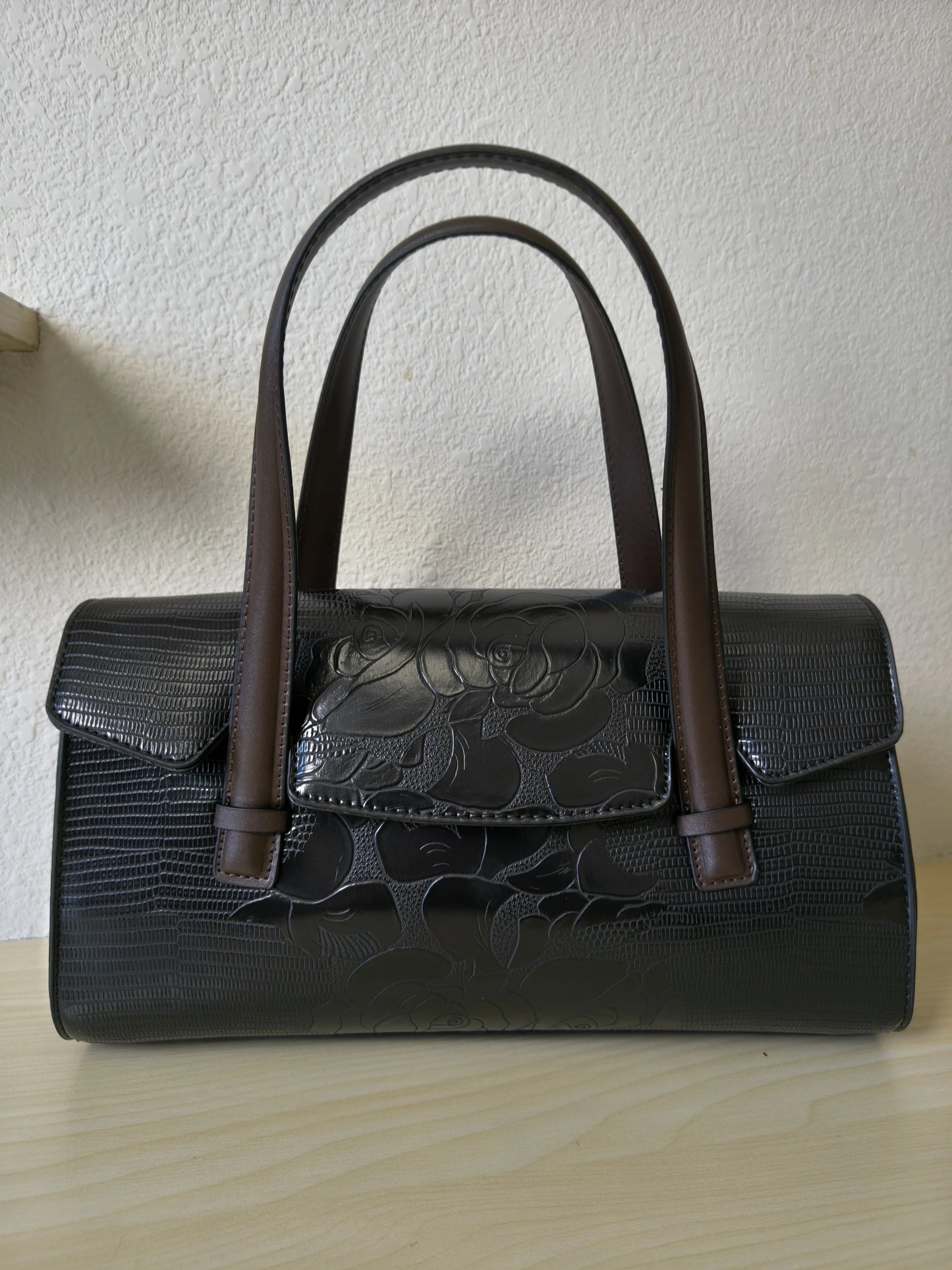 Black Lizard Embossed Rose Floral Boston Bag (E76)