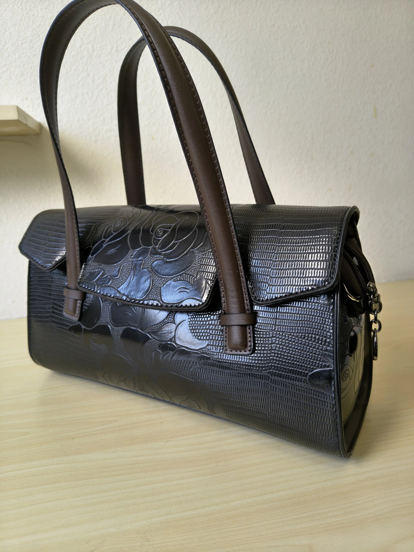 Black Lizard Embossed Rose Floral Boston Bag (E76)