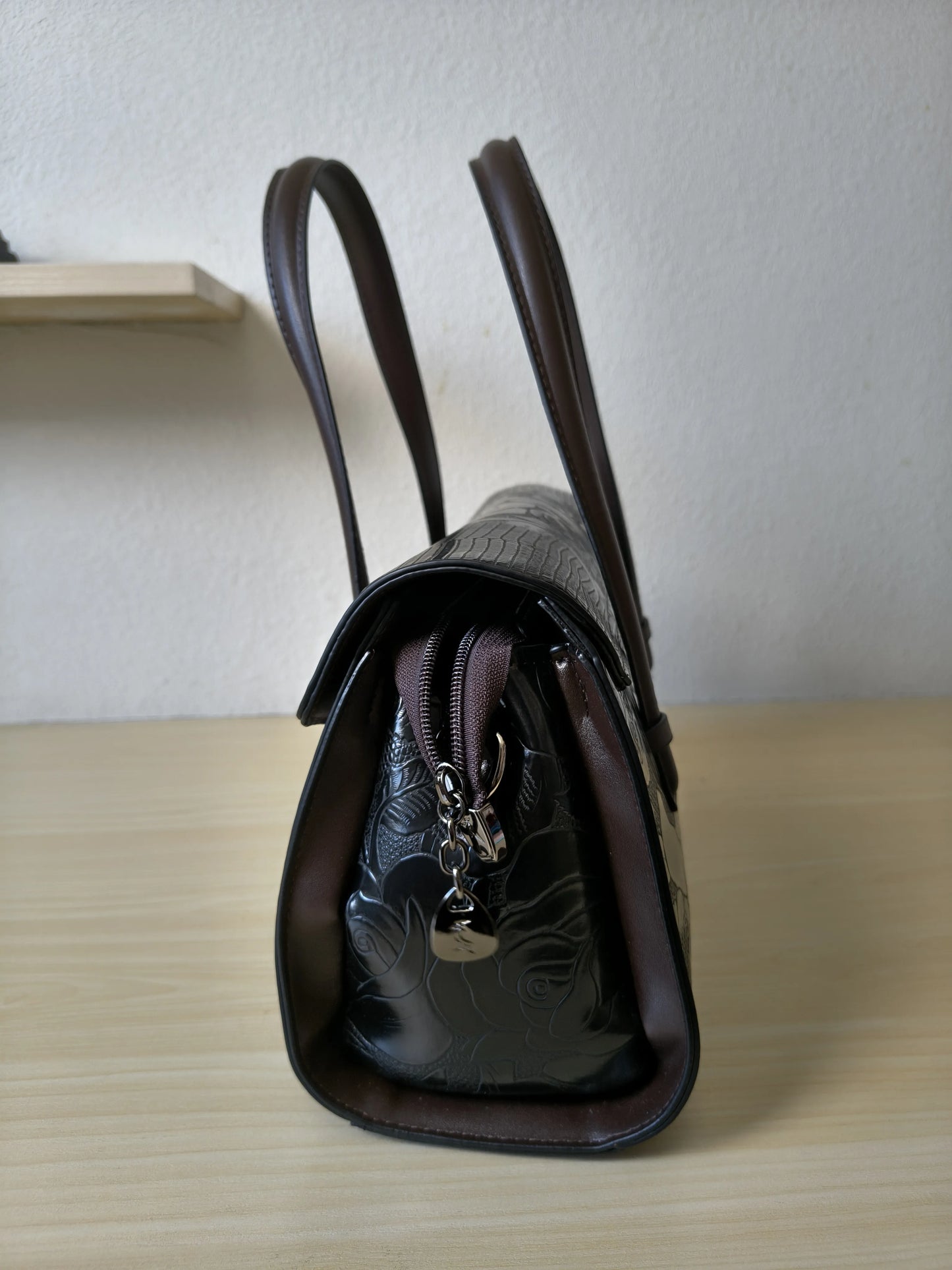 Black Lizard Embossed Rose Floral Boston Bag (E76)