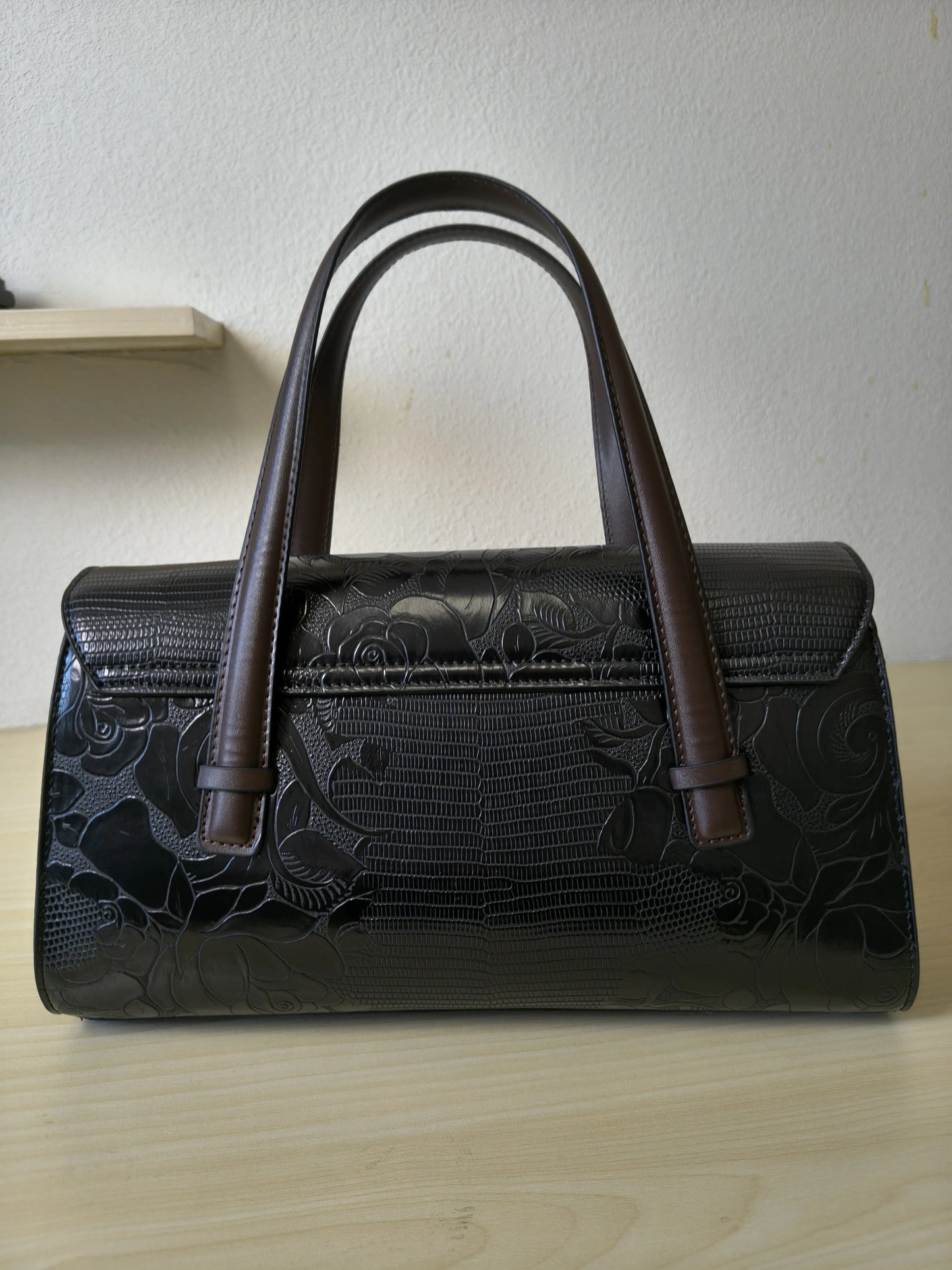 Black Lizard Embossed Rose Floral Boston Bag (E76)