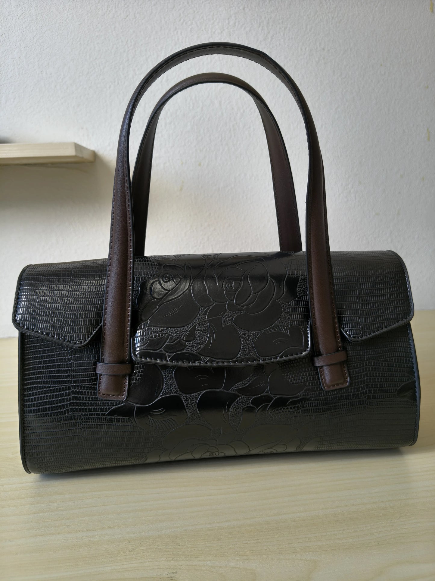 Black Lizard Embossed Rose Floral Boston Bag (E76)