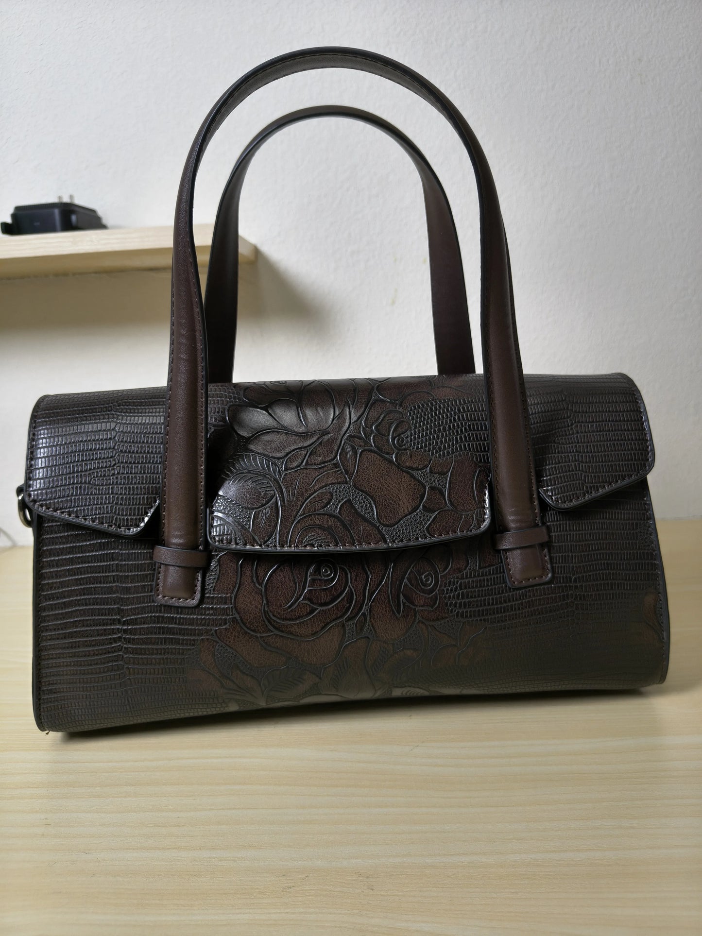 Brown Lizard Embossed Rose Floral Boston Bag (E77)