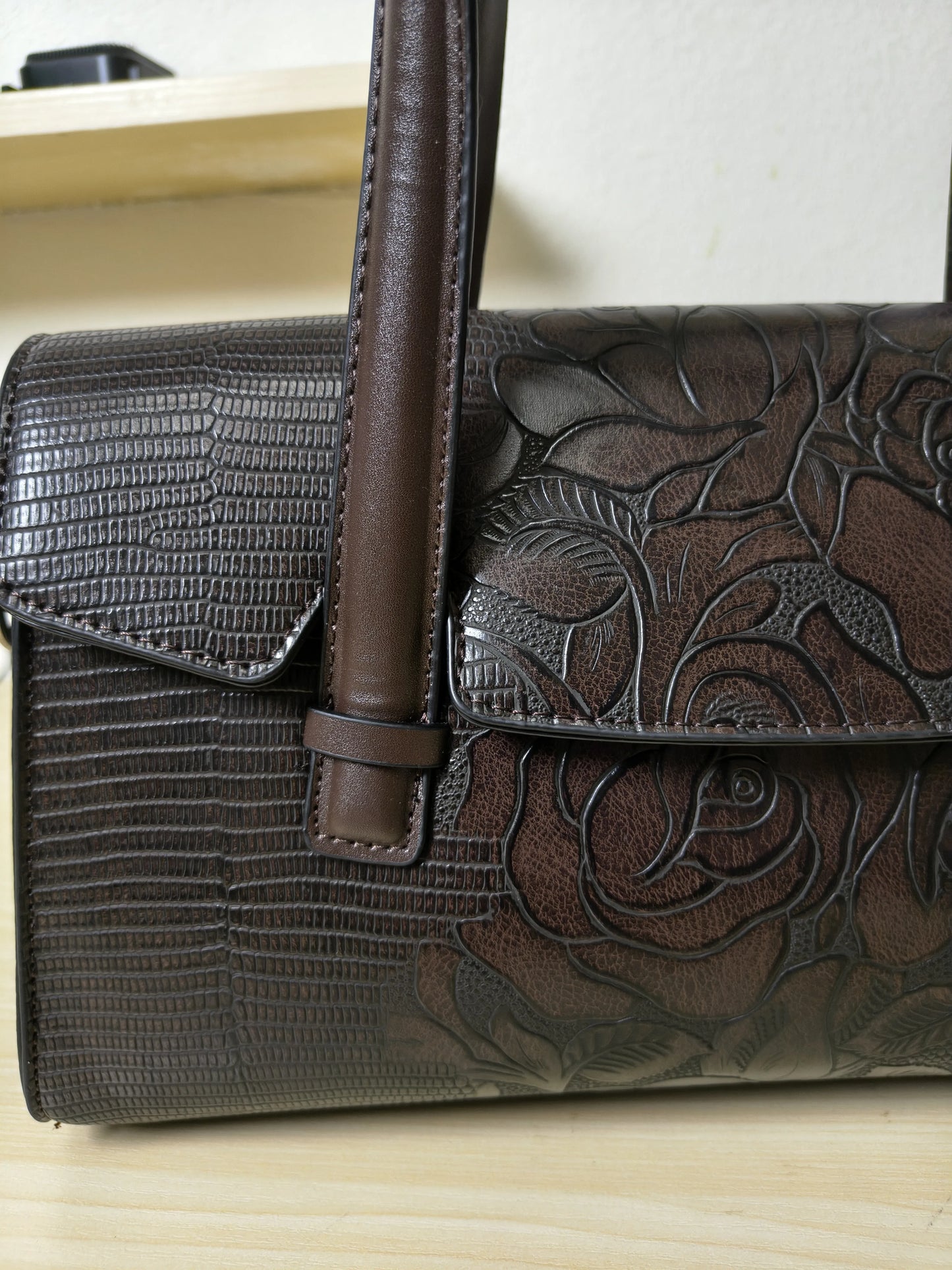 Brown Lizard Embossed Rose Floral Boston Bag (E77)