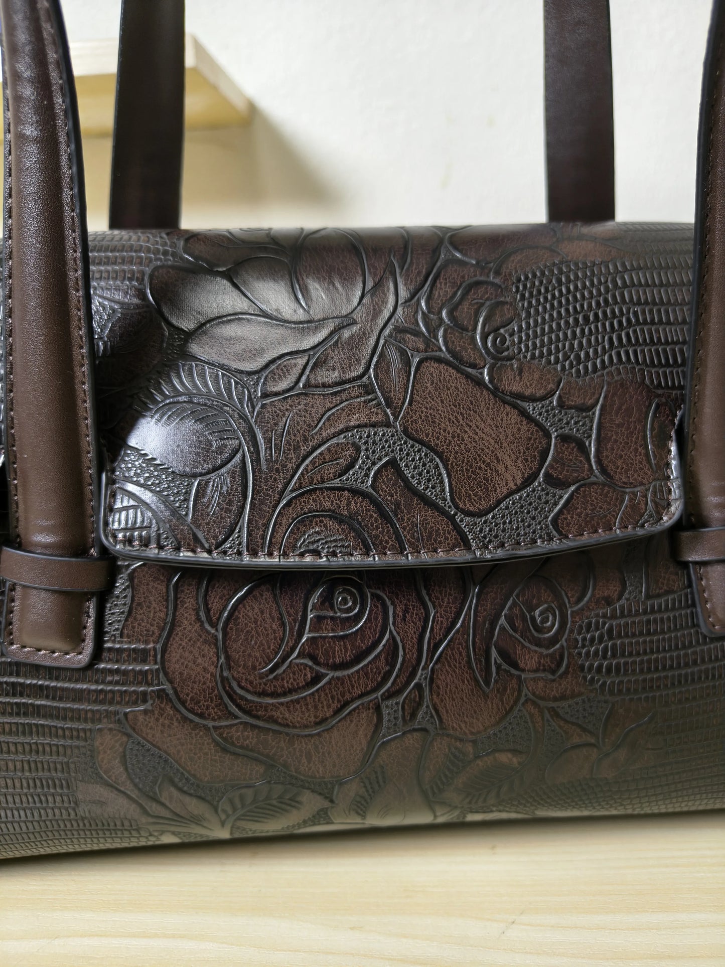 Brown Lizard Embossed Rose Floral Boston Bag (E77)