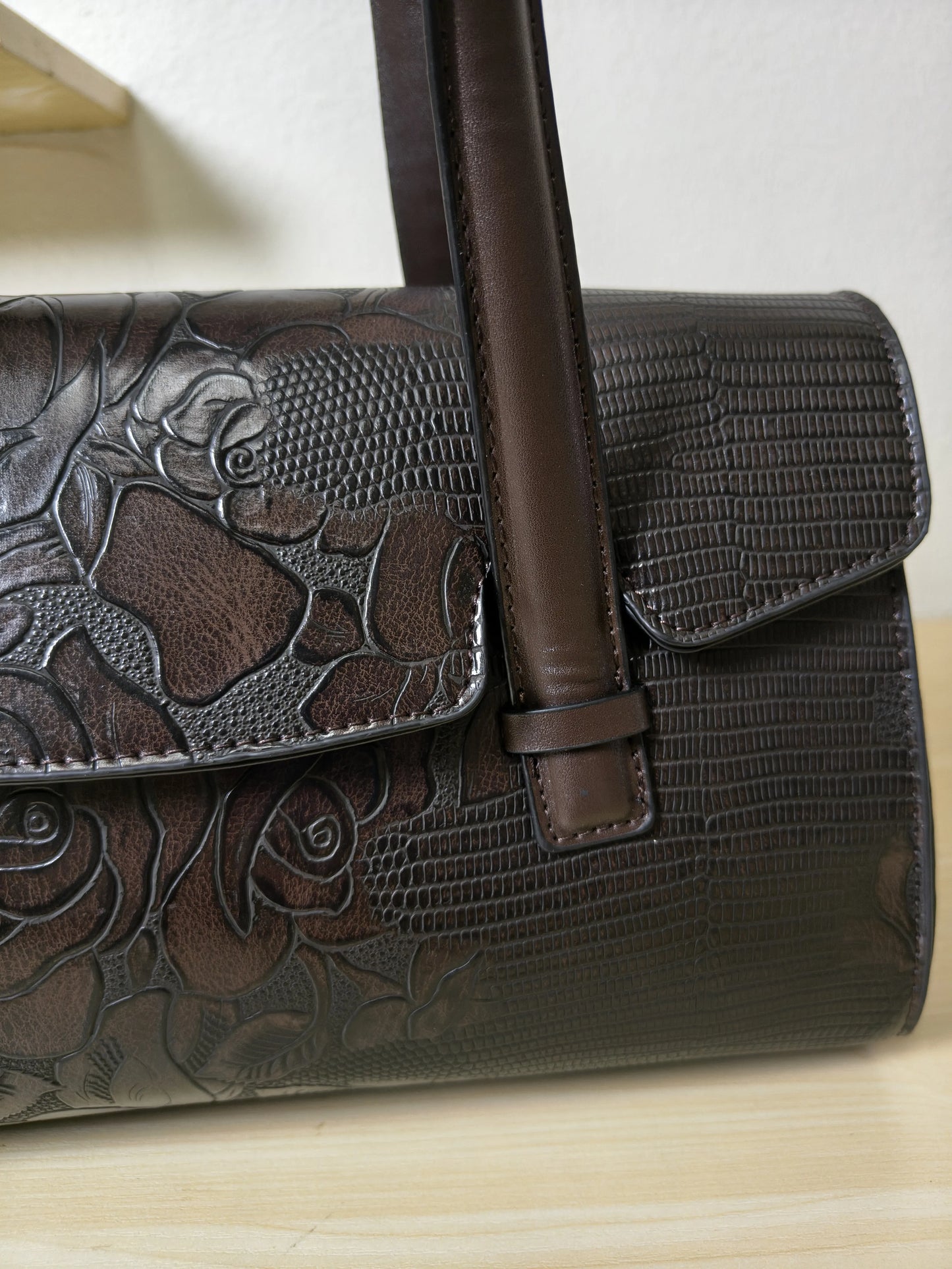 Brown Lizard Embossed Rose Floral Boston Bag (E77)