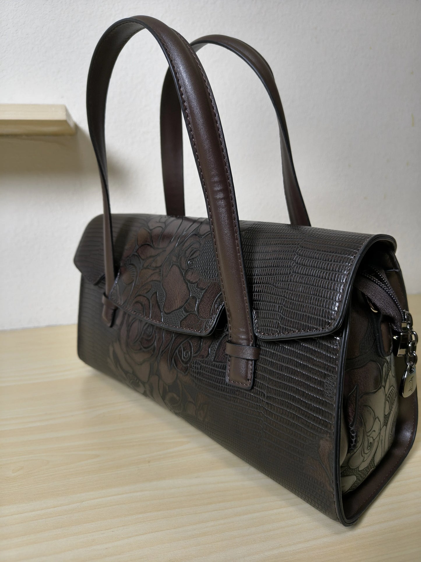 Brown Lizard Embossed Rose Floral Boston Bag (E77)