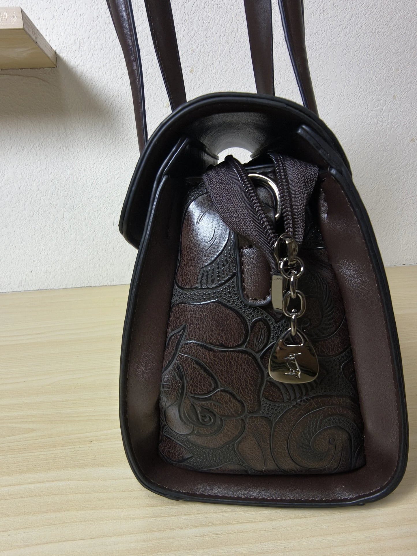 Brown Lizard Embossed Rose Floral Boston Bag (E77)
