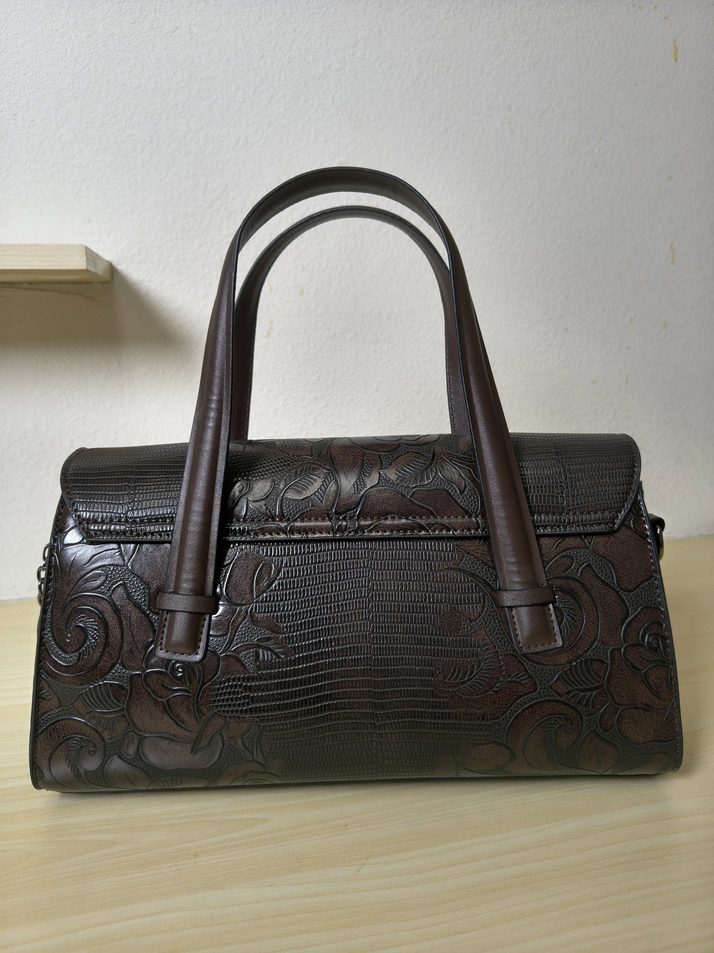 Brown Lizard Embossed Rose Floral Boston Bag (E77)
