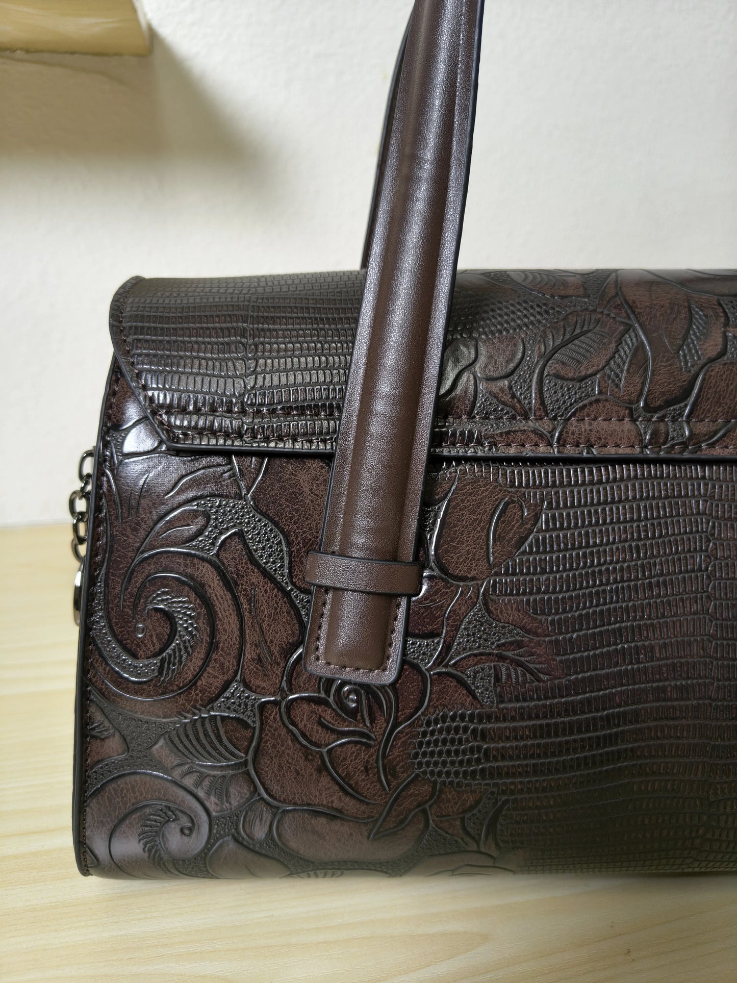 Brown Lizard Embossed Rose Floral Boston Bag (E77)