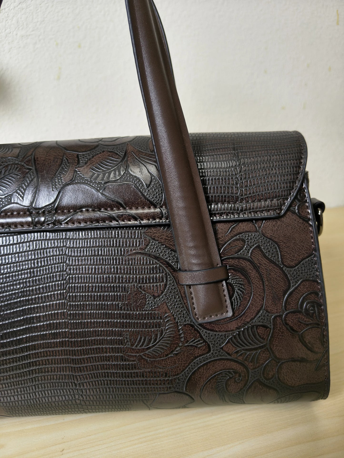 Brown Lizard Embossed Rose Floral Boston Bag (E77)