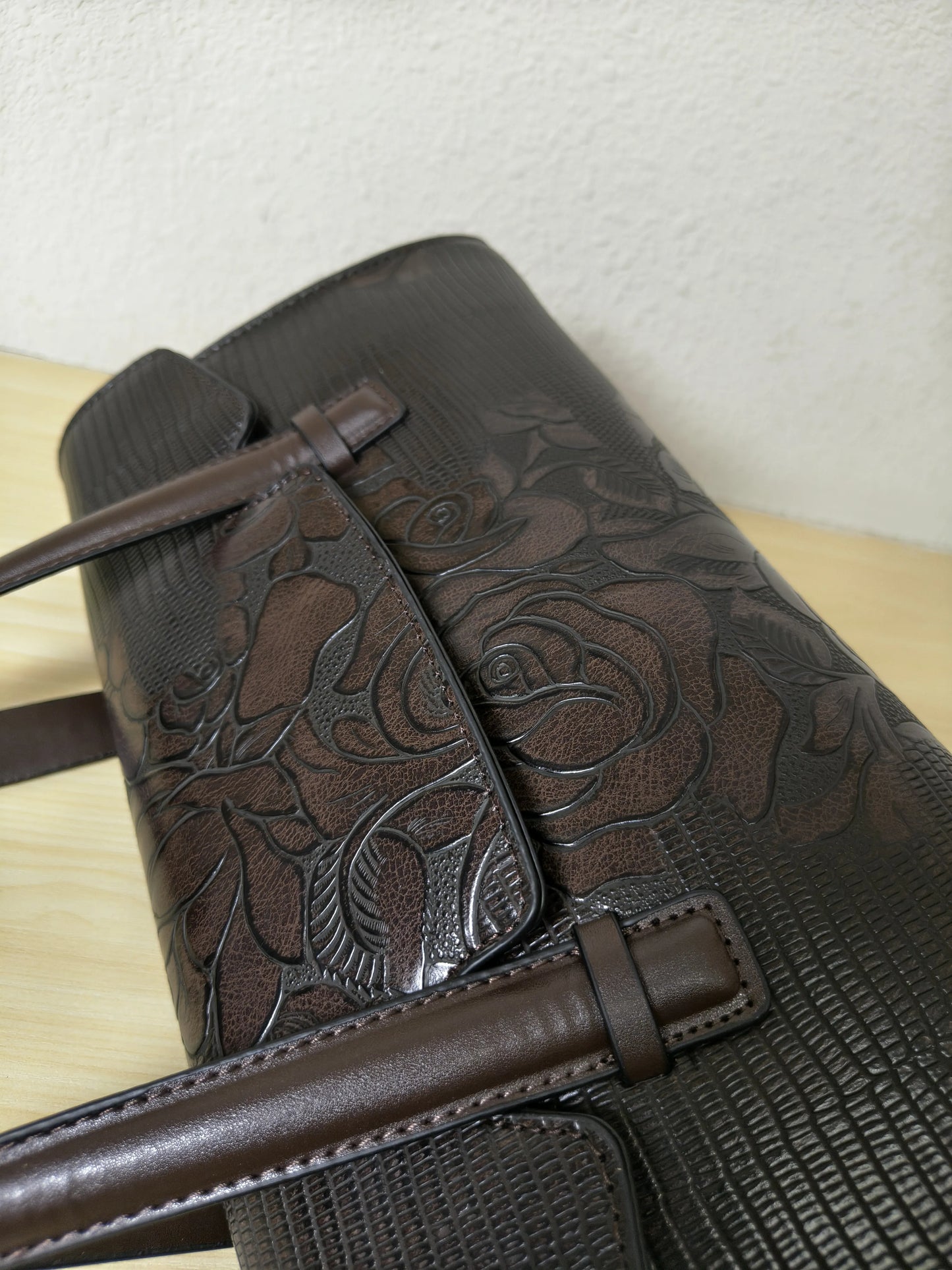 Brown Lizard Embossed Rose Floral Boston Bag (E77)