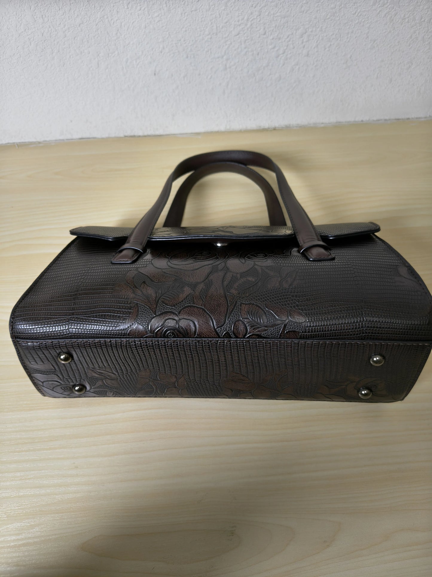Brown Lizard Embossed Rose Floral Boston Bag (E77)