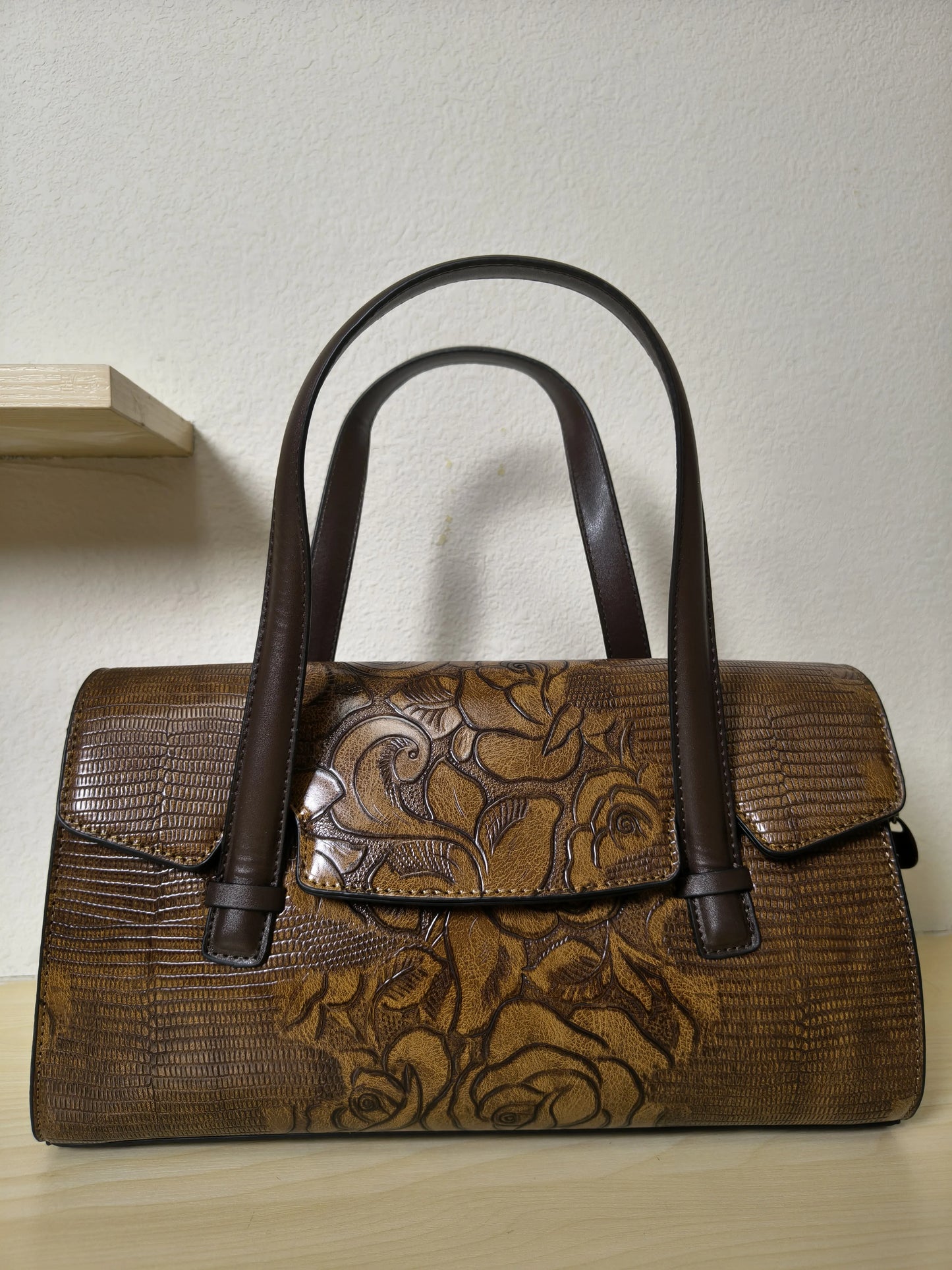 Caramel Lizard Embossed Rose Floral Boston Bag (E78)