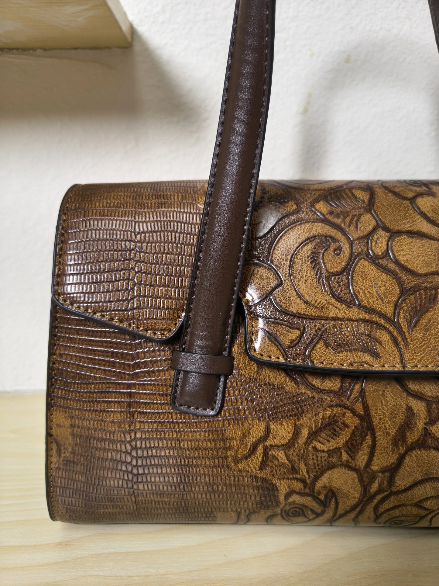 Caramel Lizard Embossed Rose Floral Boston Bag (E78)