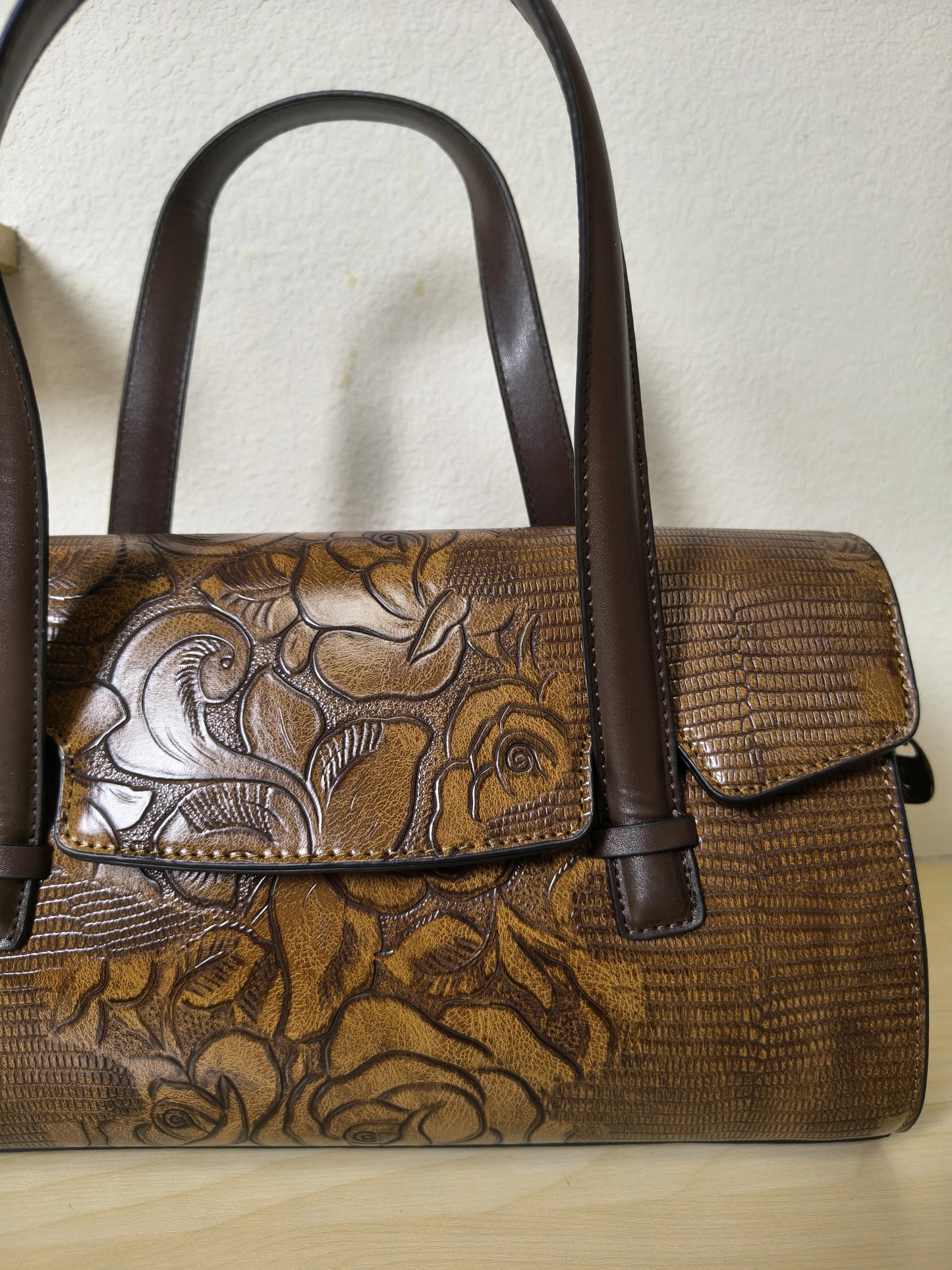 Caramel Lizard Embossed Rose Floral Boston Bag (E78)
