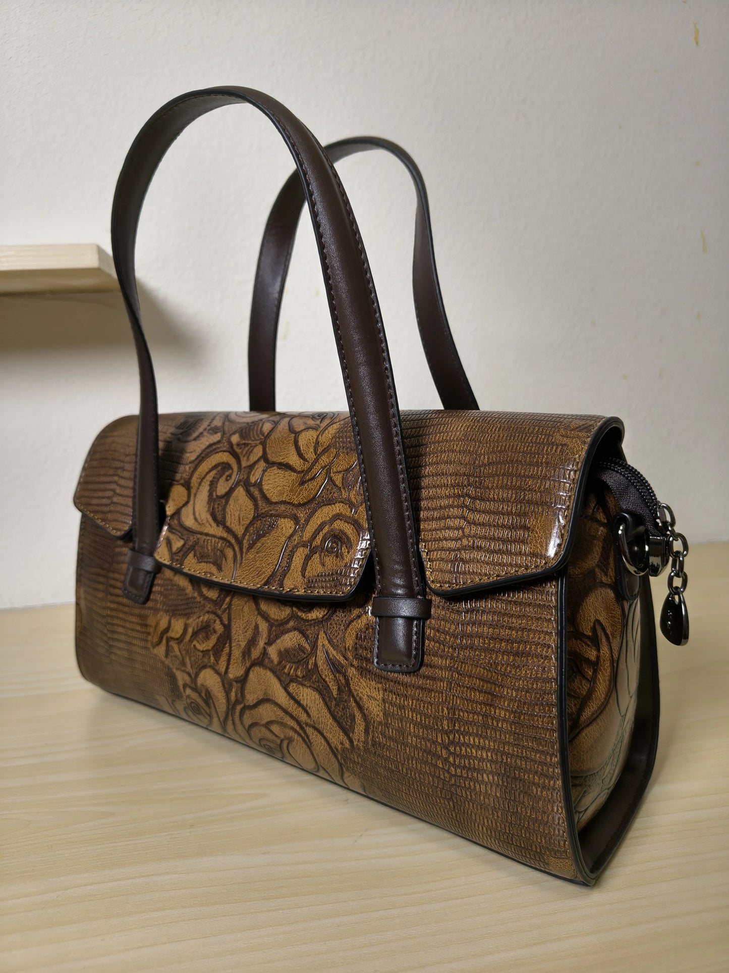 Caramel Lizard Embossed Rose Floral Boston Bag (E78)
