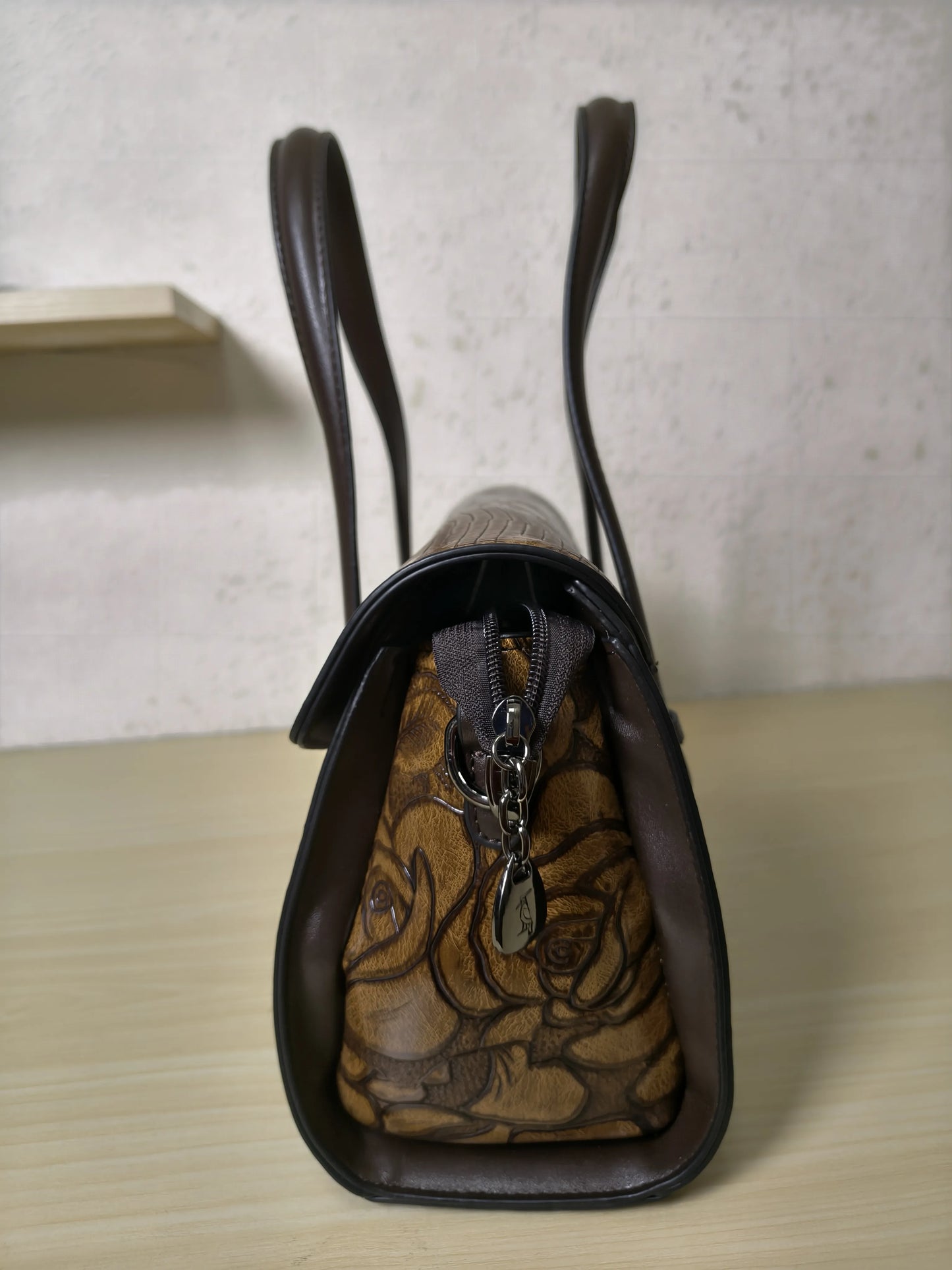 Caramel Lizard Embossed Rose Floral Boston Bag (E78)