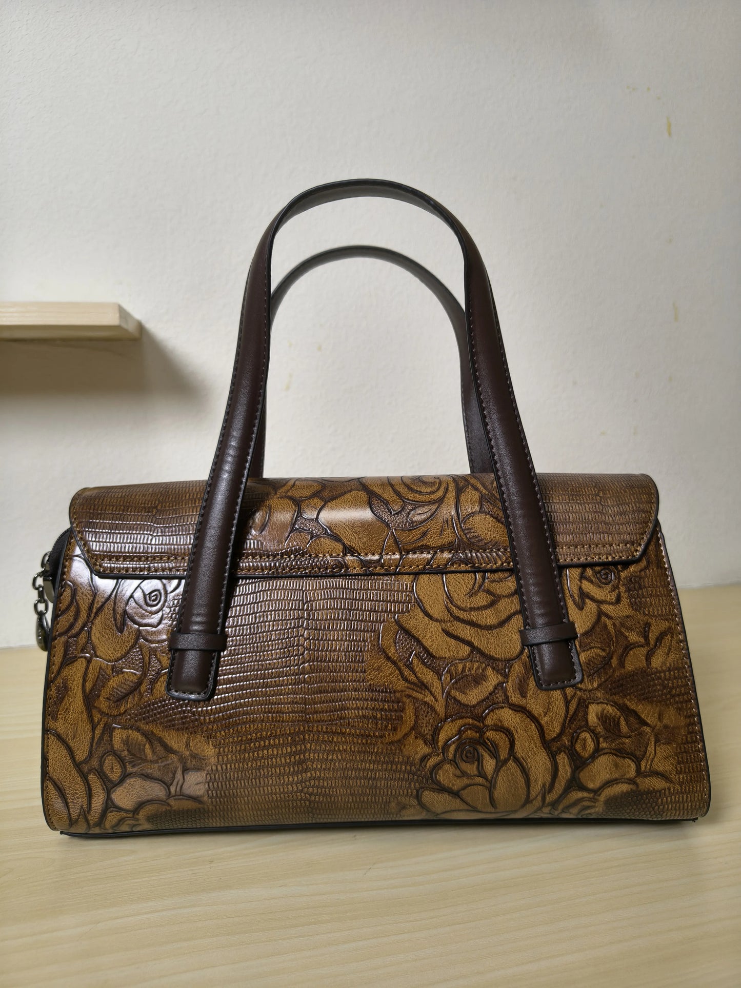 Caramel Lizard Embossed Rose Floral Boston Bag (E78)