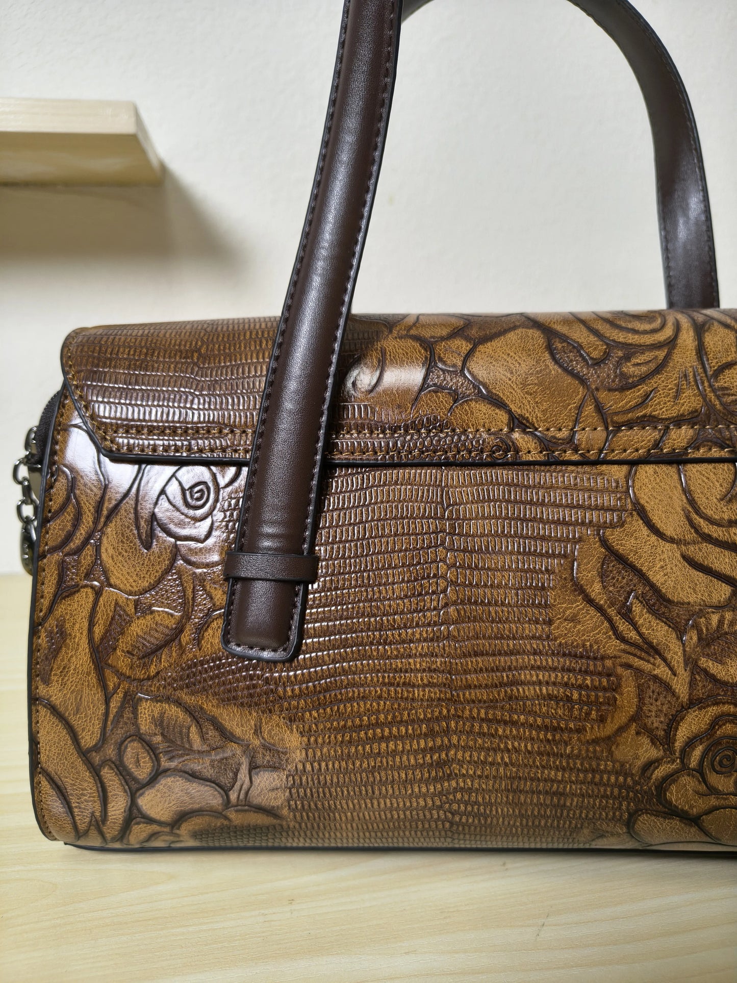 Caramel Lizard Embossed Rose Floral Boston Bag (E78)